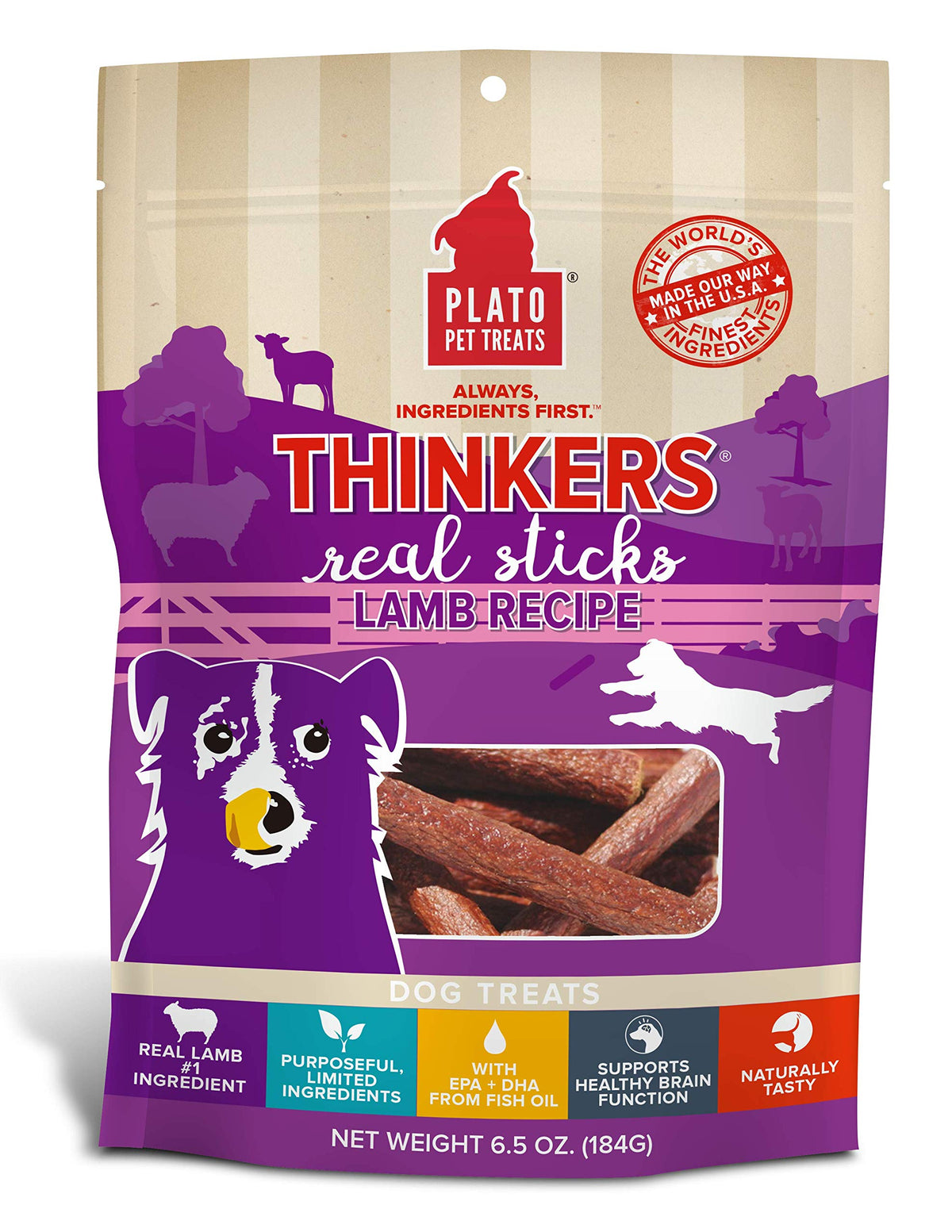 Plato Pet Treats Air Dried Dog Treats Lamb Thinkers Sticks, Natural Dog Treats, Real Meat, Air Dried, Made In The Usa, 6.5Oz