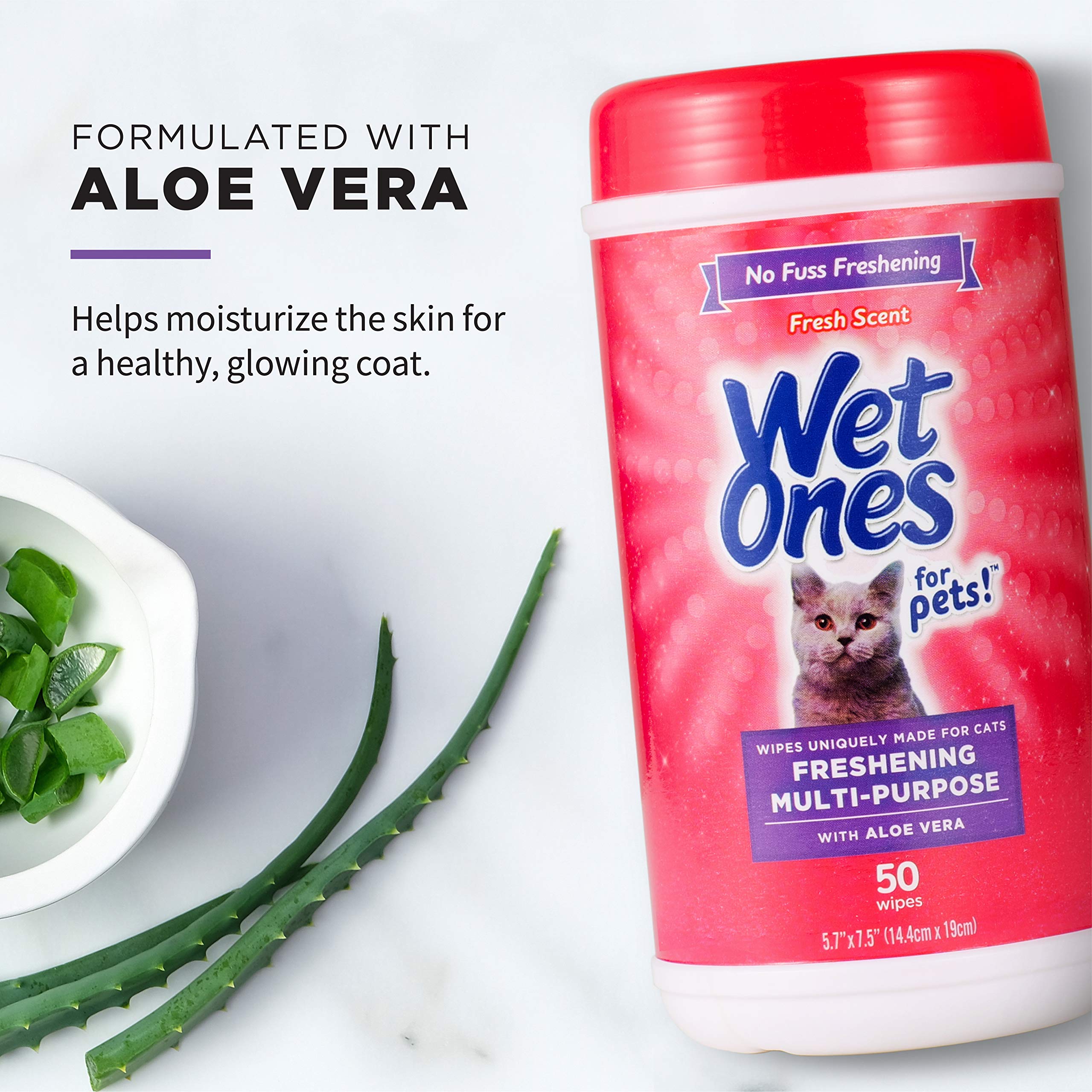 Wet Ones For Pets Freshening Multipurpose Wipes For Cats With Aloe Vera, 50 Count - 12 Pack | Easy To Use Cat Cleaning Wipes, Fr