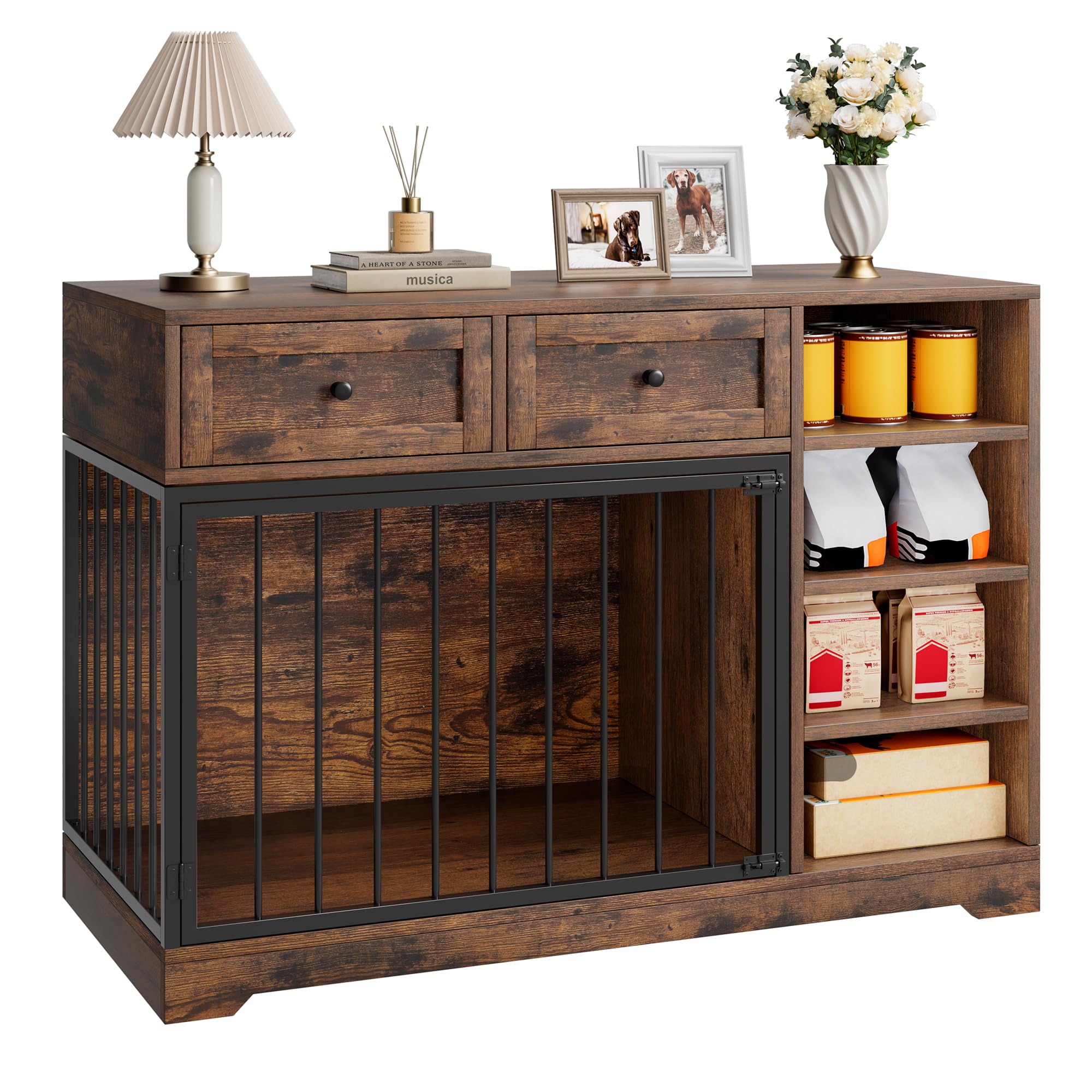 IDEALHOUSE 47    Large Dog Crate, Dog Kennel Indoor with 2 Drawers and 4 Shelves, Dog Crate Furniture TV Stand, Wooden Dog Cage 