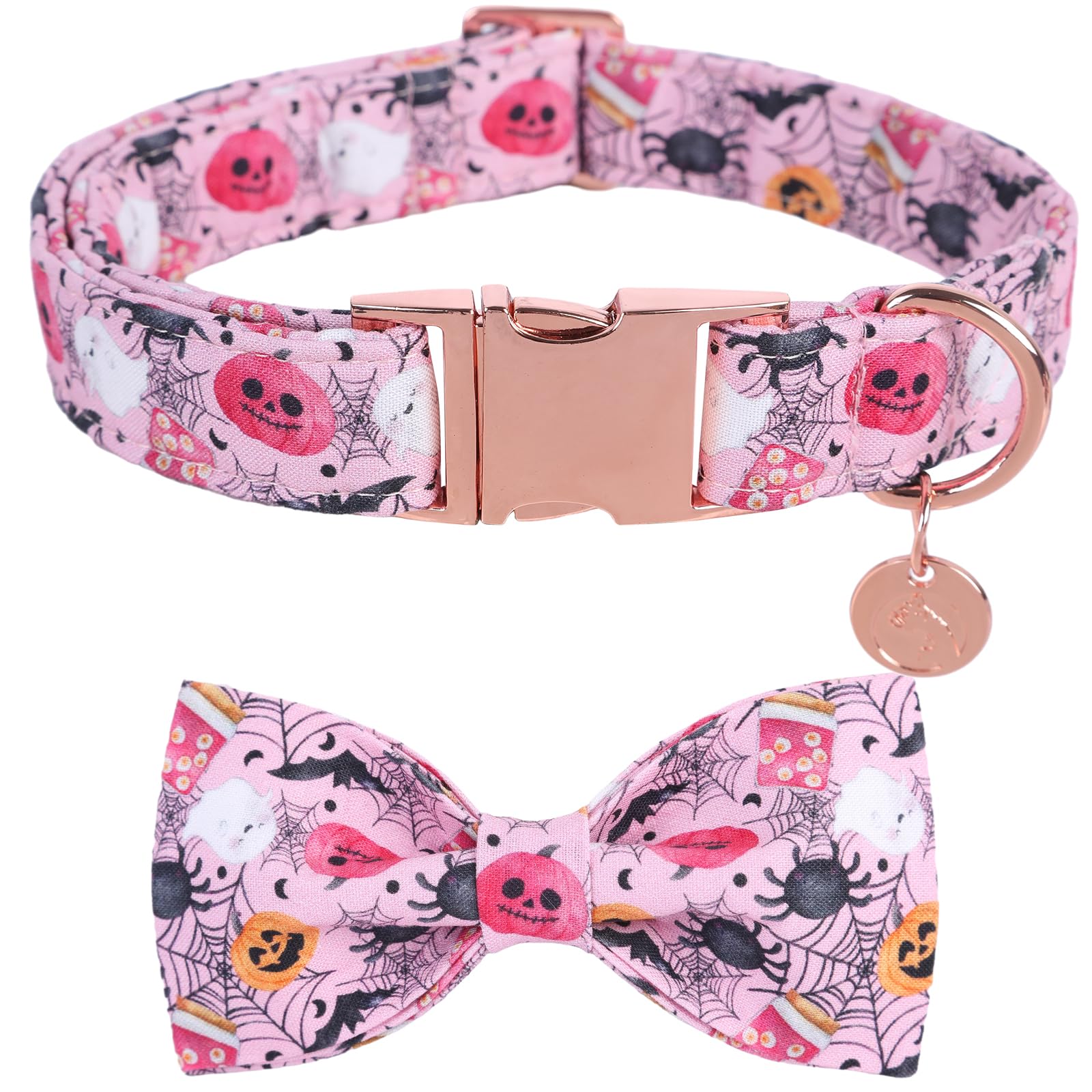 Dogwong Fall Dog Collar With Bowtie - Pink Fall Dog Collar Soft Cotton Autumn Dogs Necklace - Halloween Puppy Necklace For Small