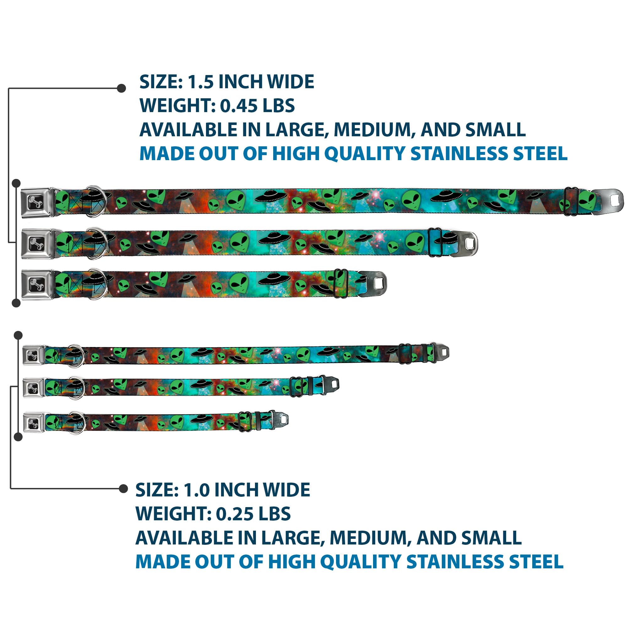 Dog Collar Seatbelt Buckle Aliens Ufos Galaxy Green Black White 9 To 15 Inches 1.0 Inch Wide, Dc-W30163-S