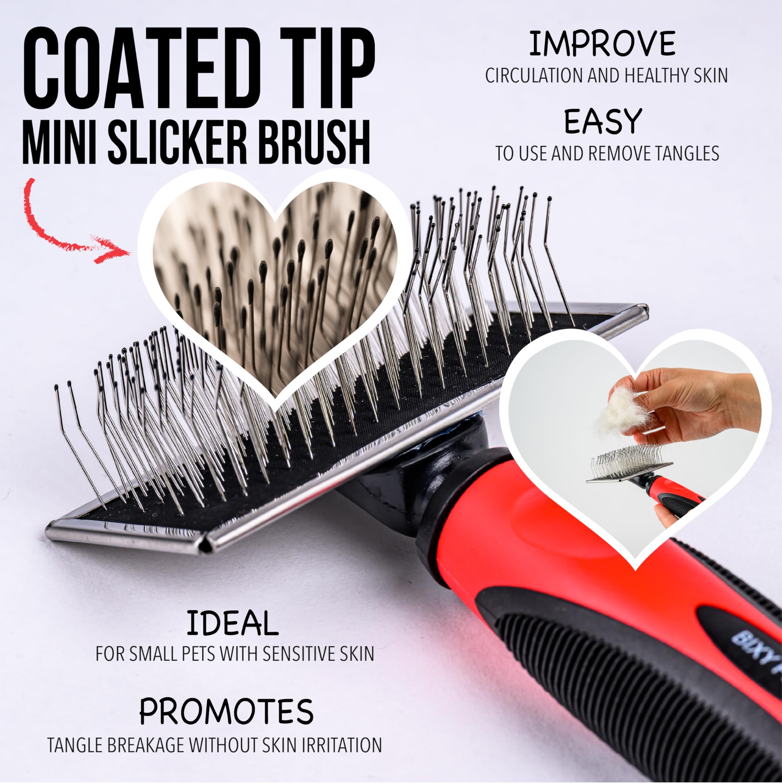 Bixy Pixy Mini Brush For Dogs And Cats - Coated Tips Massage Skin - Long Pins Remove Mats, Tangles In Long And Poodle Fur