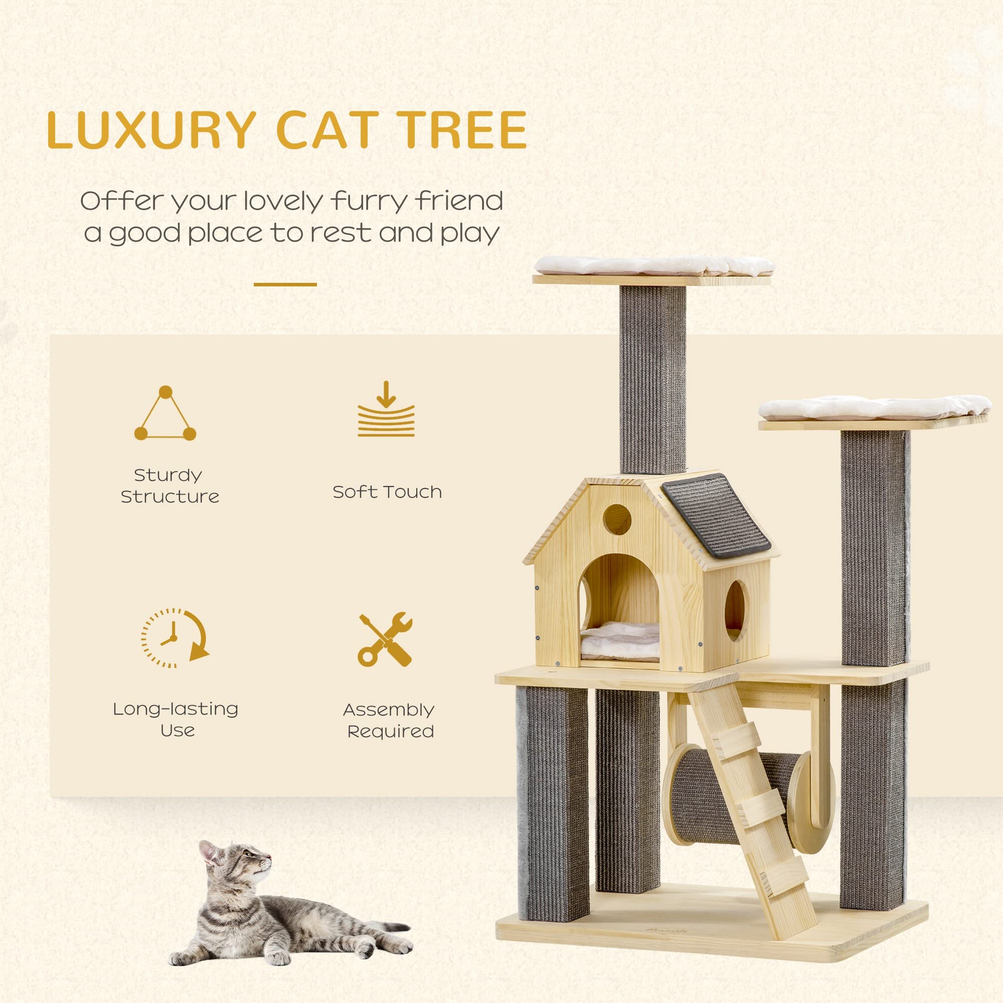 Pawhut Cozy-House Cat Tree For Indoor Cats With Pillow-Covered Perches, Spinning Toy, Modern Climbing Activity Cat Tower With Sc