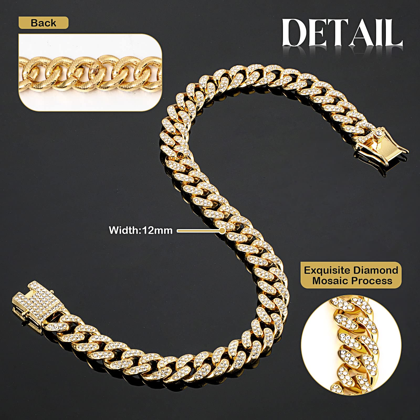 Dog Chain Diamond Collar Walking Metal Chain Collar With Design Secure Buckle, Pet Collar Jewelry Accessories For Small Medium Large Dogs Cats (Gold, 12 Inch)