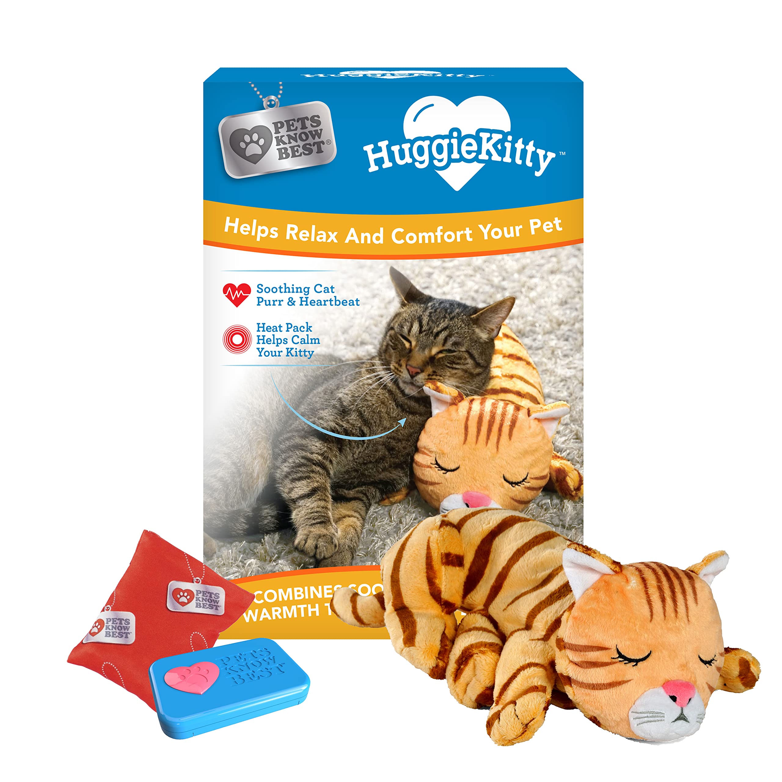 Pets Know Best Huggiekitty Cuddly Cat Toy, Soothing Sound & Warmth Help Relax & Comfort Your Pet- Purr & Heartbeat, Heating Pack