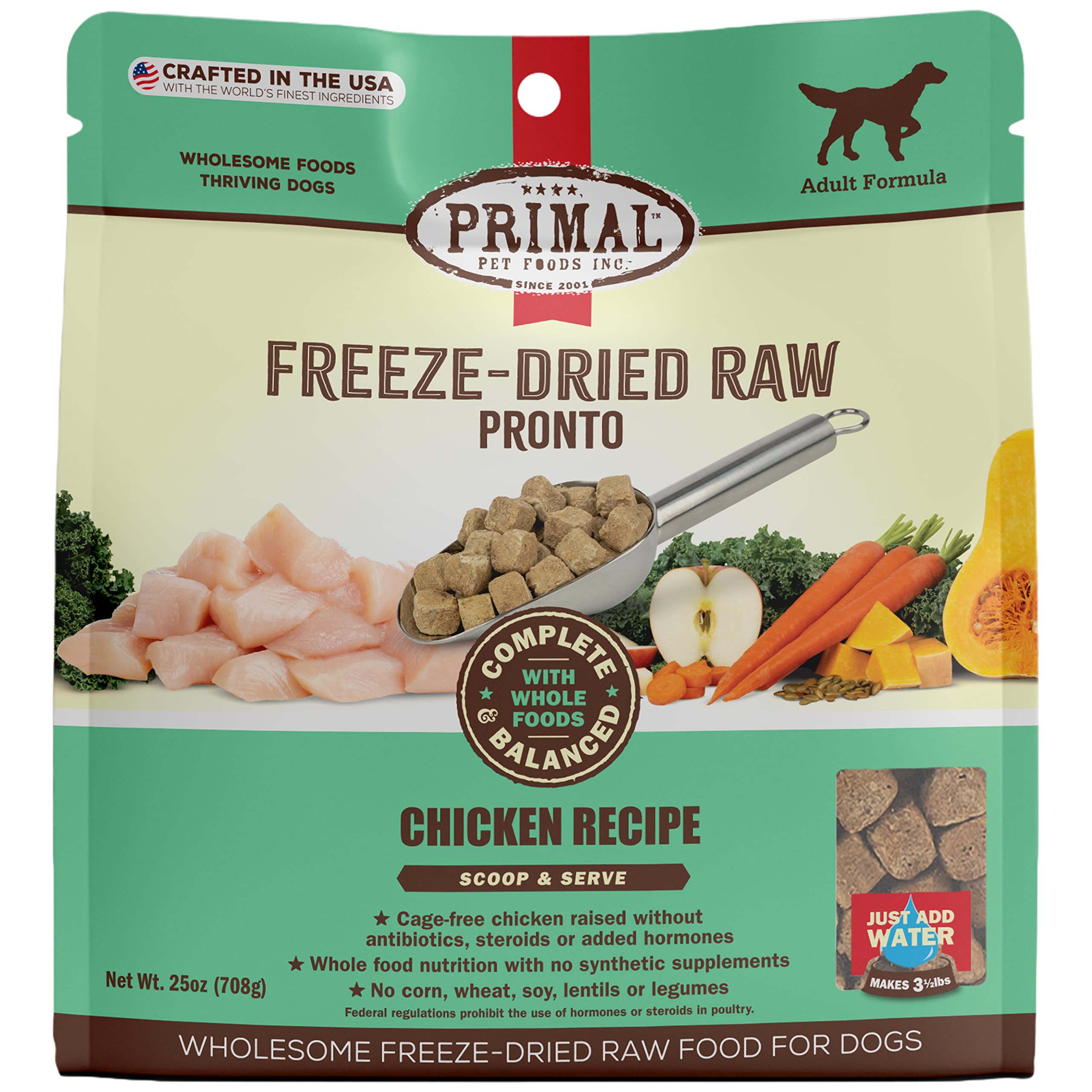 Primal Freeze Dried Dog Food Pronto, Chicken; Scoop & Serve, Complete & Balanced Meal; Also Use As Topper or Treat; Premium, Hea