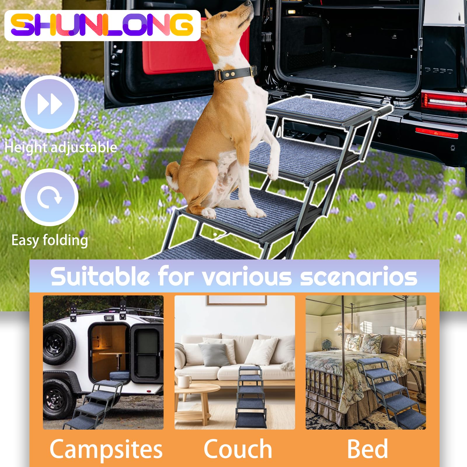 Dog Ramp for Car Truck and SUV Dog Stairs for Large Dogs Folding Pet Stairs with Non-Slip Rug Surface Supports Up to 250 lbs (6