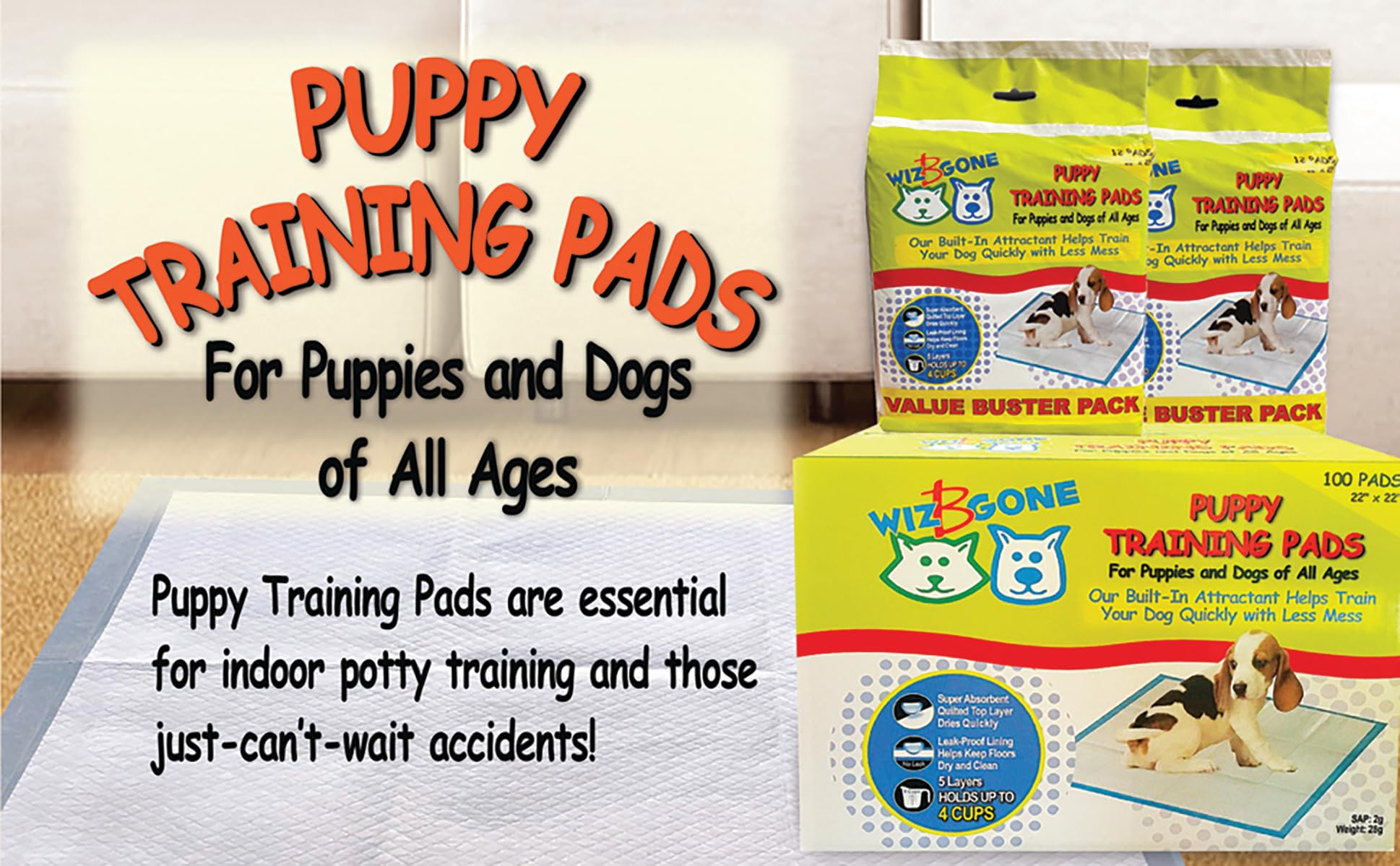 Scoochie Pets Large Dog Training Pads - 100 Pack Puppy Pads, 22 x 22 Absorbent Sheets for Adult & Young Pets - Convenient Box of