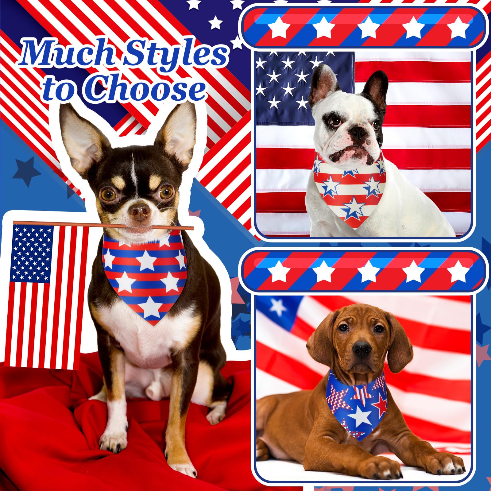 Preboun 50 Pieces Patriotic Dog Bandanas Bulk Star Bandanas For Dog Pet Kerchief Set Triangle Scarf For Memorial Day Puppy Small