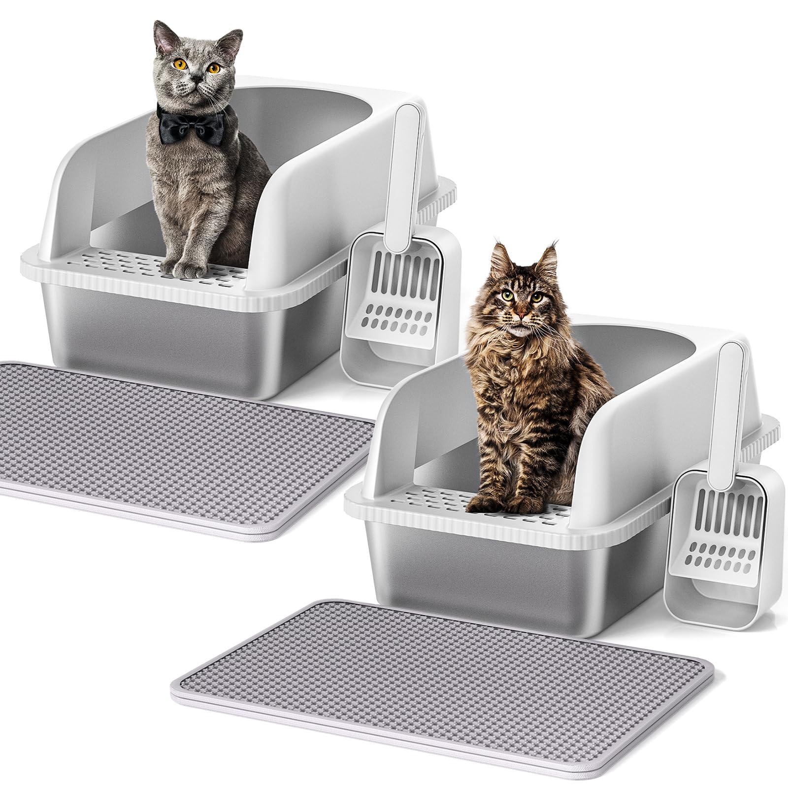 Henkelion 2 Pack Stainless Steel Cat Litter Box With Lid, 20'' L X 14.2'' W X 11.8'' H, Extra Large Litter Box For Big Cats With
