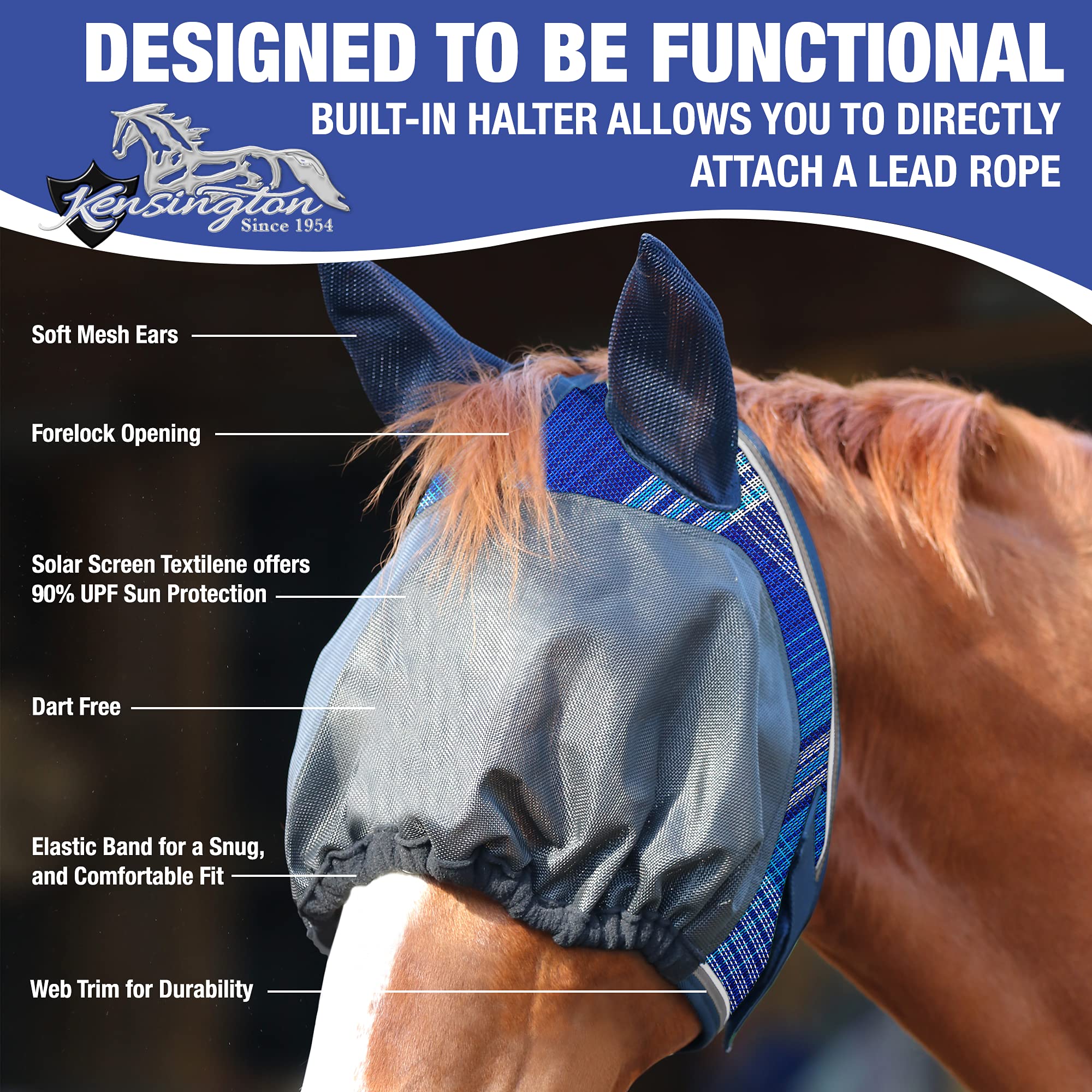 Kensington UViator Dartless Protective Fly Mask UV Eye Protection Mask for Horse with Web Trim and Soft Ears Cover - XL, Atlanti