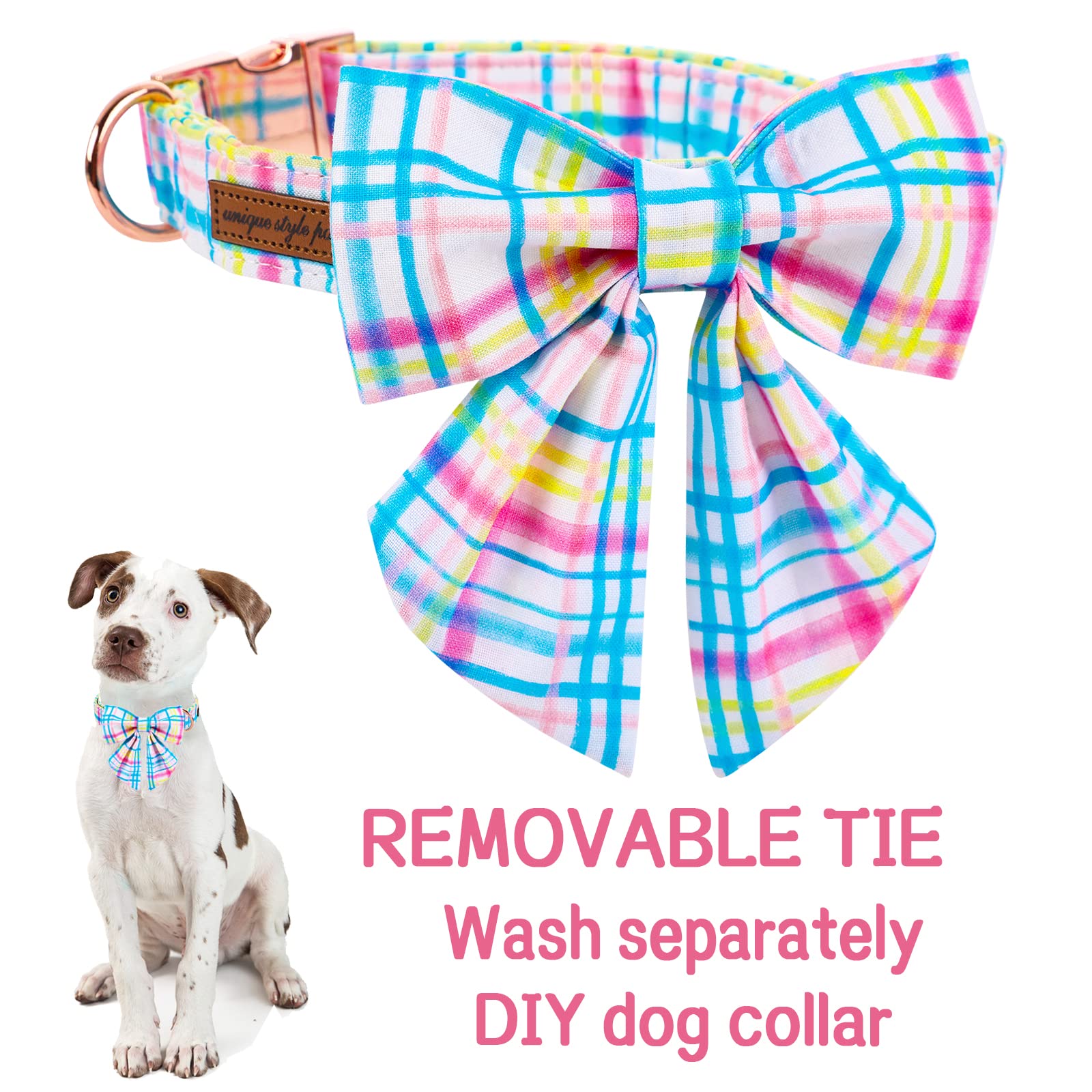 Unique Style Paws Easter Day Dog Collar With Bow Tie Pink Grid Puppy Collar For Small Medium Large Boys Girls-Xl