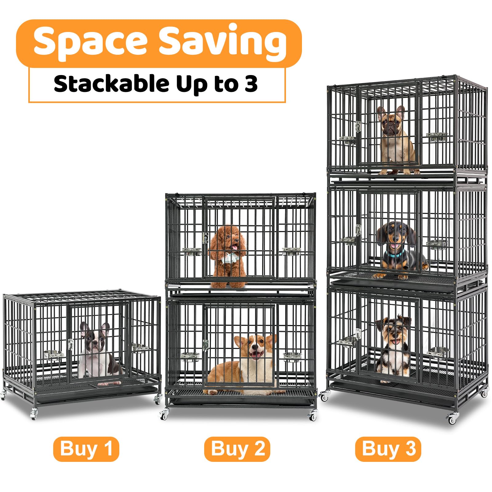 Homey Pet 37 Inch Heavy Duty Dog Crate For Medium Dogs, Stackable Dog Cage With Four Lockable Wheels, Removable Tray & Grid, Ope
