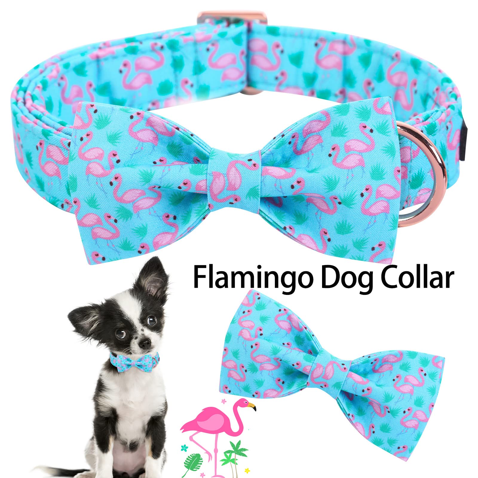 ARING PET Flamingo Dog Collar-Cotton Dog Collar with Bow, Adjustable Summer Bowtie Dog Collars Pet Collars with Metal Buckle