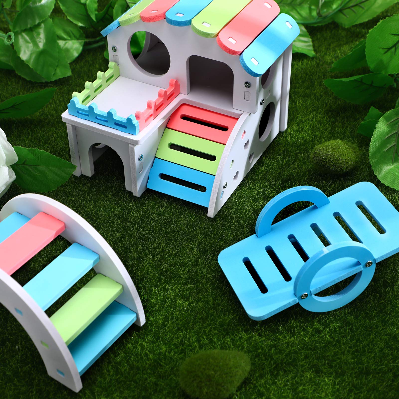 3 Pieces Fun Hamster Toys Guinea Pig Hideout Include Pvc Hamster House, Rainbow Bridge, Seesaw Toy Diy Exercise Play Toys For Ra