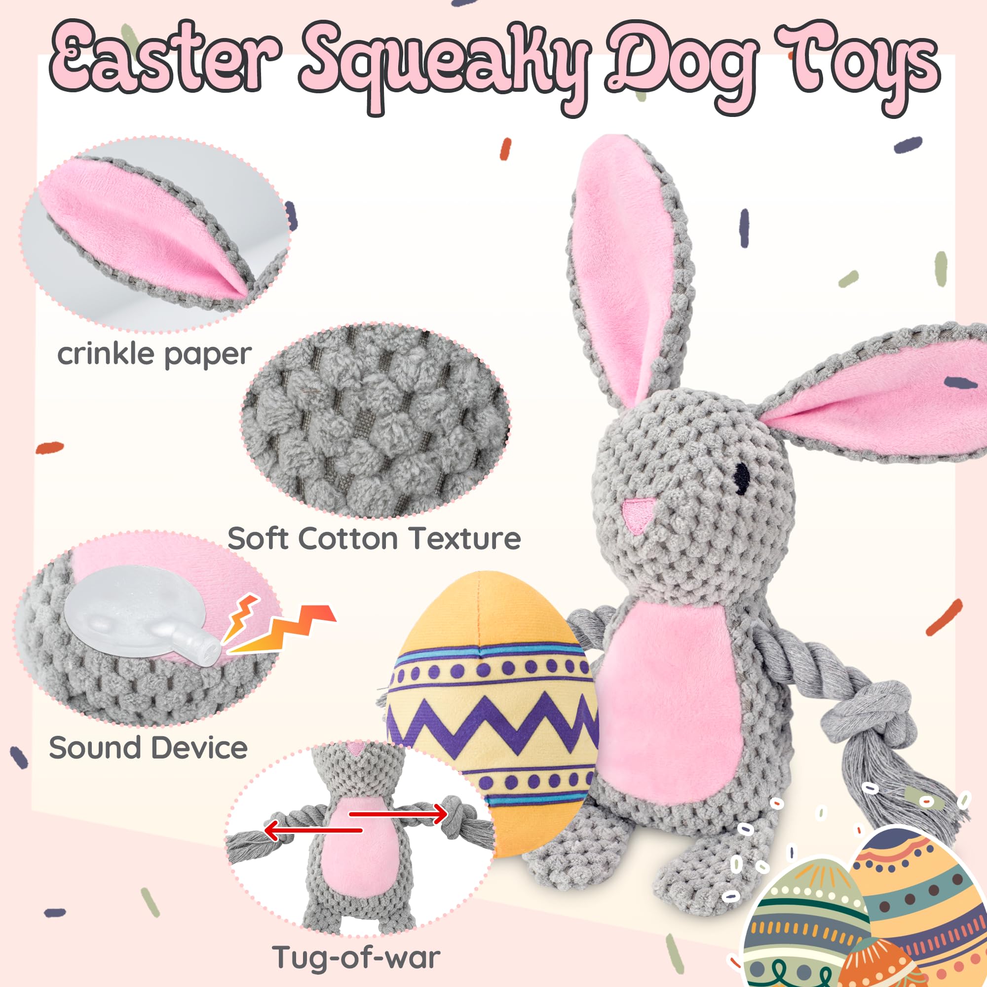 Ousiya 2 Pack Easter Dog Toys, Easter Squeaky Rabbit & Eggs Toys With Crinkle Pet Gifts For Puppy, Small, Medium, Large Dogs