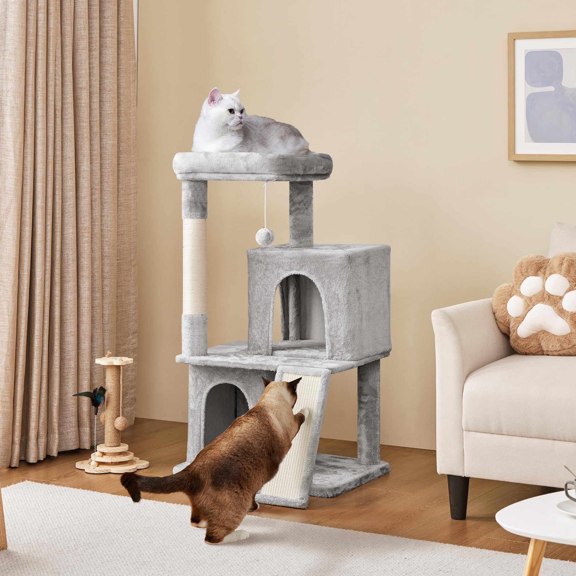 Yaheetech 42in Cat Tree Tower with Scratching Posts, Plush Condo & Ramp, Light Gray, Engineered Wood, Model YT-00133299-42