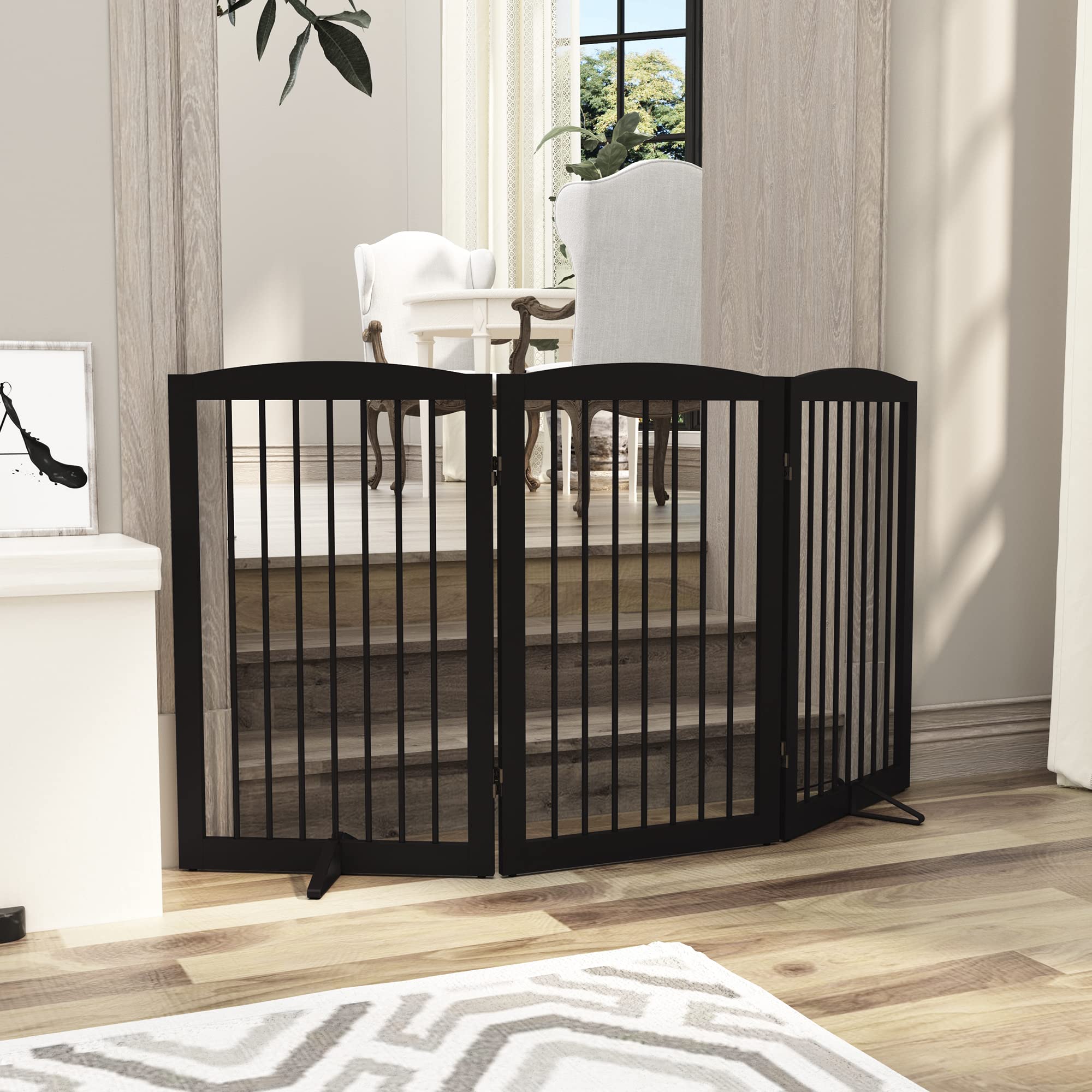 Pupetpo Freestanding Pet Gate For Dogs, Foldable Wooden Dog Gate For House Indoor, Tall Dog Gate For Stair, Doorway,Hall, Step Over Pet Puppy Safety Fence, 3 Panels 32'',Brown