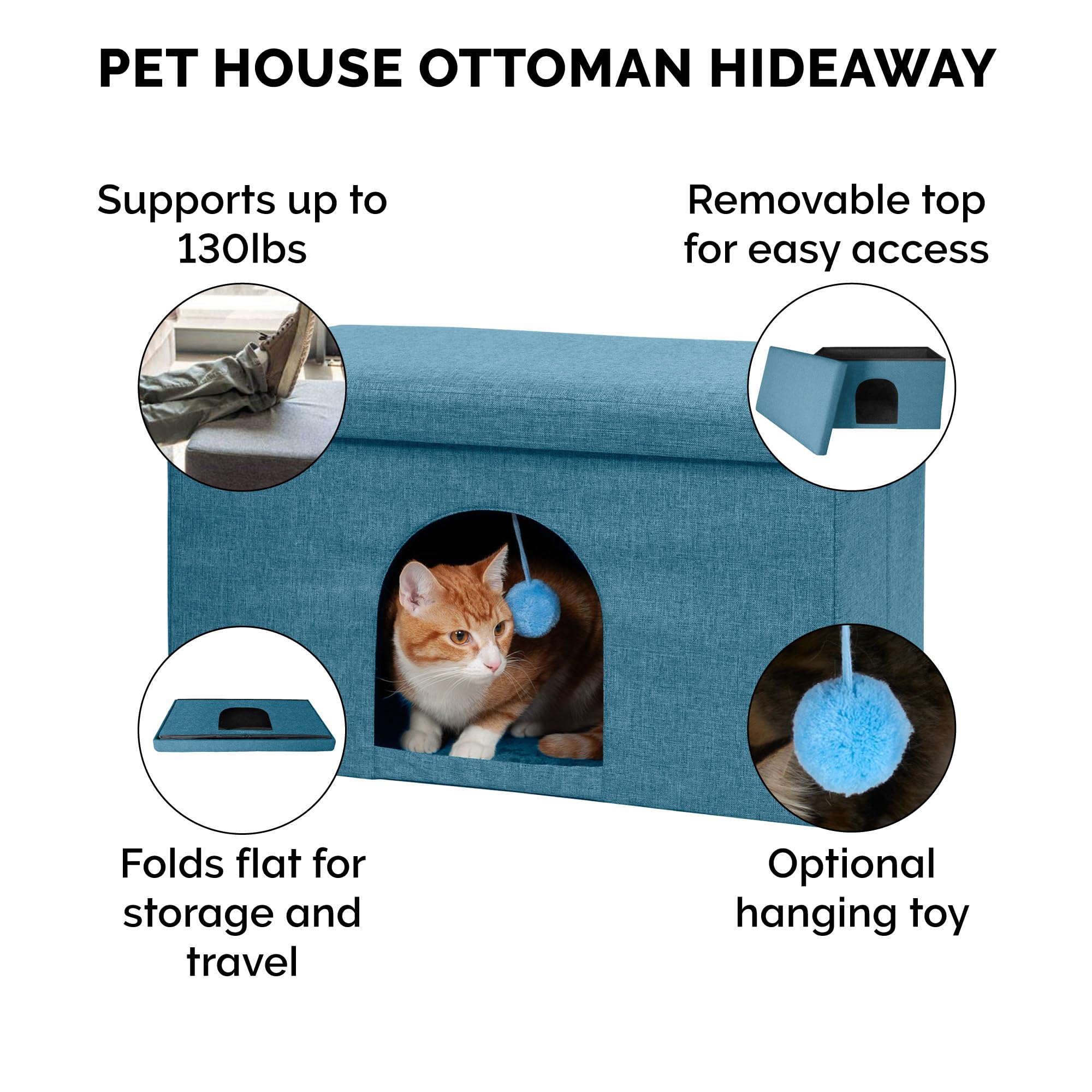 Furhaven Pet House for Indoor Cats & Medium/Small Dogs, Collapsible & Foldable w/ Plush Ball Toy - Living Room Ottoman Cat Condo