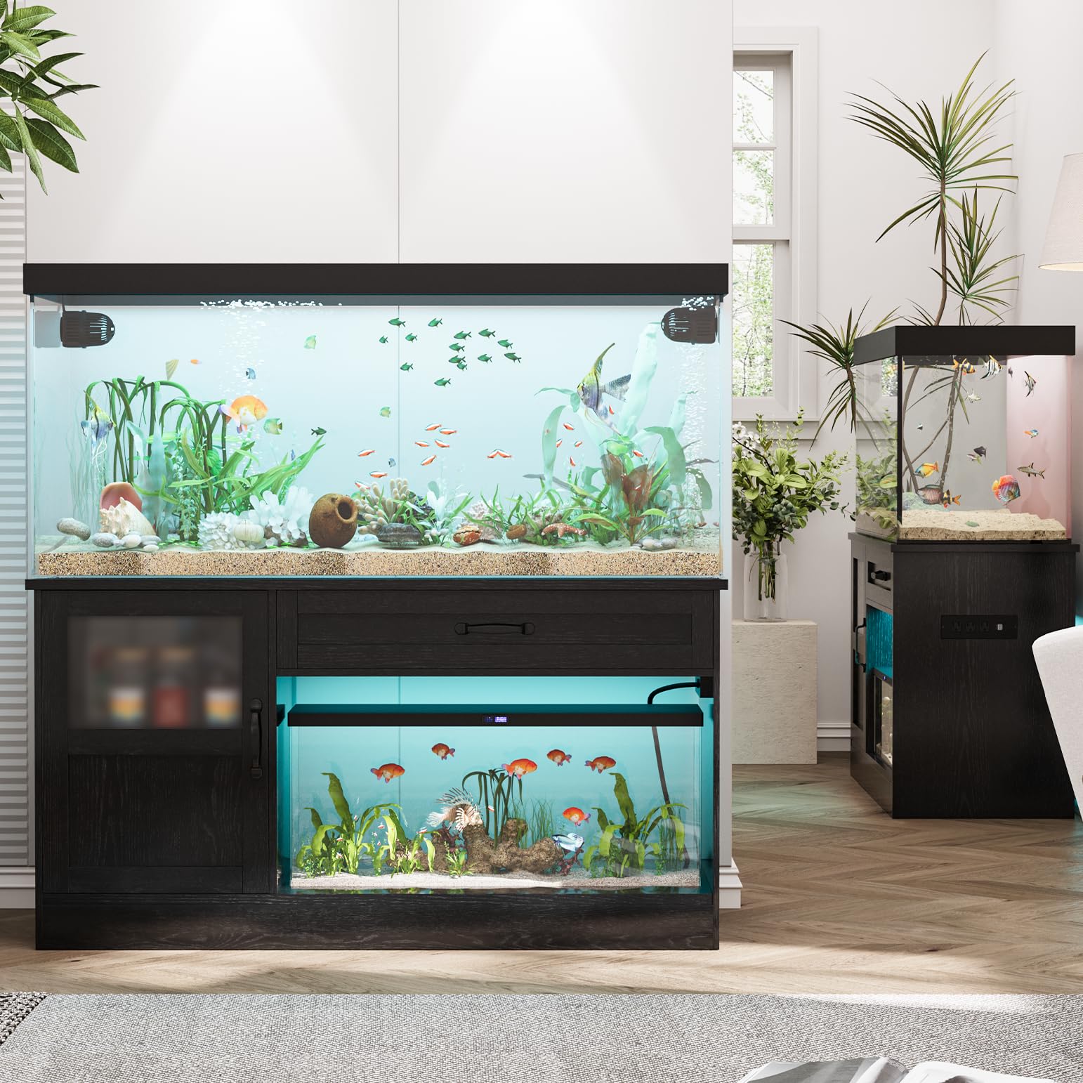 LUMIINOFAMI 40 Gallon Tank Stand, Wooden Aquarium Stand 40 Gallon Fish Tank Stand with Drawer, Reptile Tank Stand with Power Str