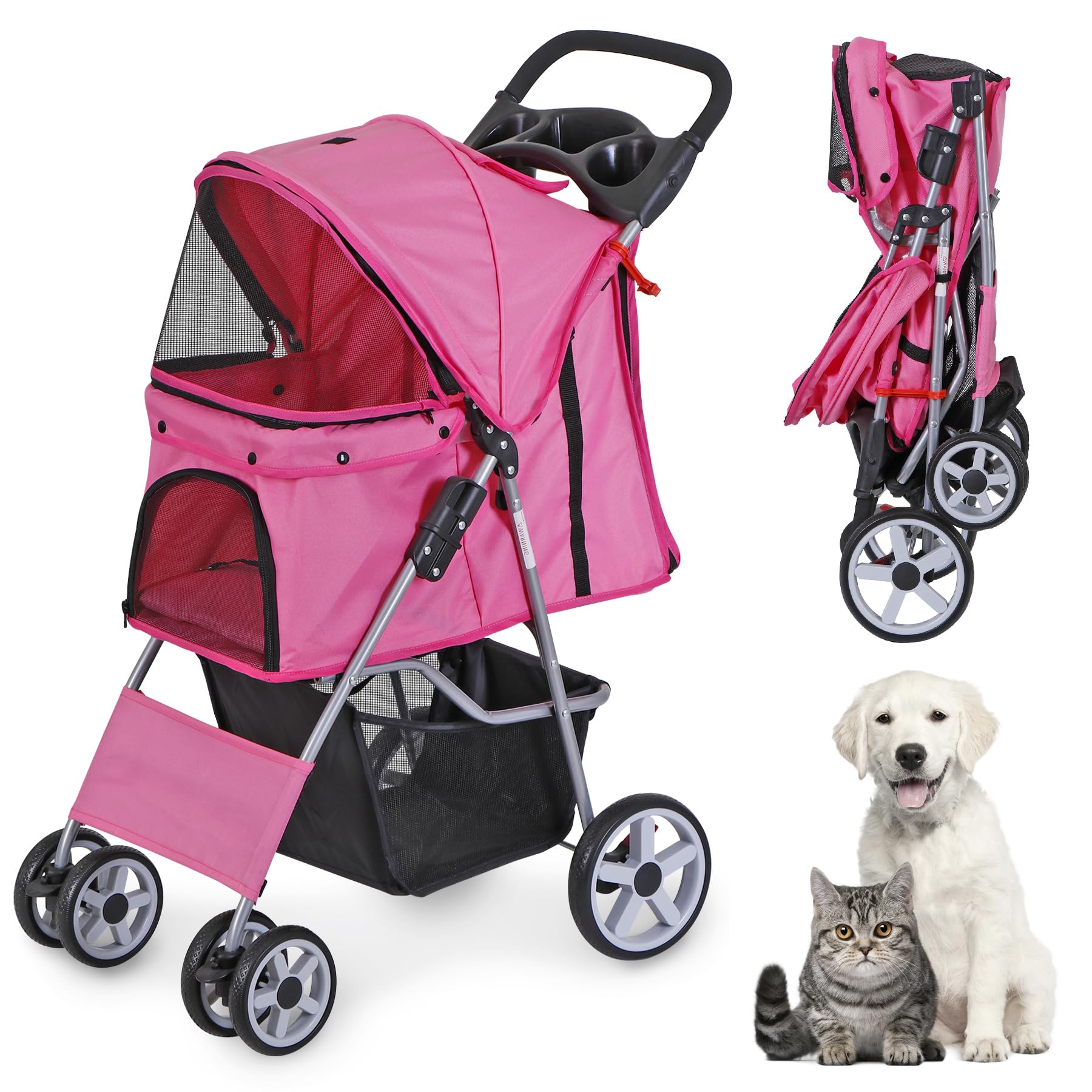 Lemy Pet Stroller, 4 Wheels Dog Cat Stroller With Storage Basket&Cup Holder, Folding Dog Cat Cage Jogger Stroller For Small Medi