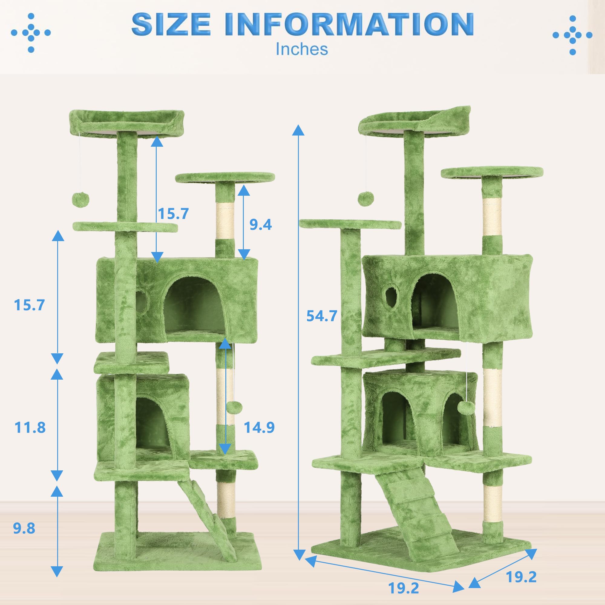 FDW | 54 Cat Tree Tower | Green | Multi-Level Indoor Activity Center with Sisal Scratching Posts, Condos, Plush Perches, Hanging