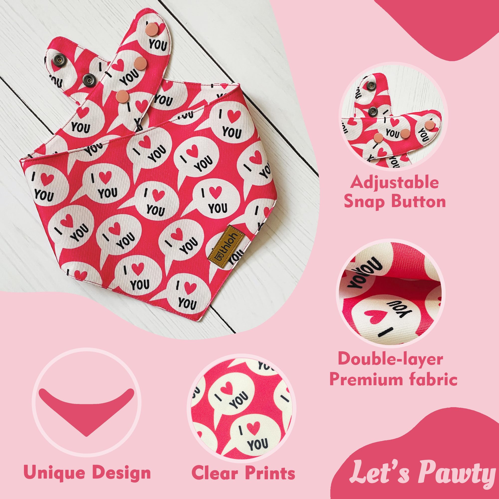 Thloh Dog Bandanas With Snap Button - 2 Pack Reversible Heart Dog Scarf For Boy & Girl, Premium Durable Fabric, Pet Bandana For