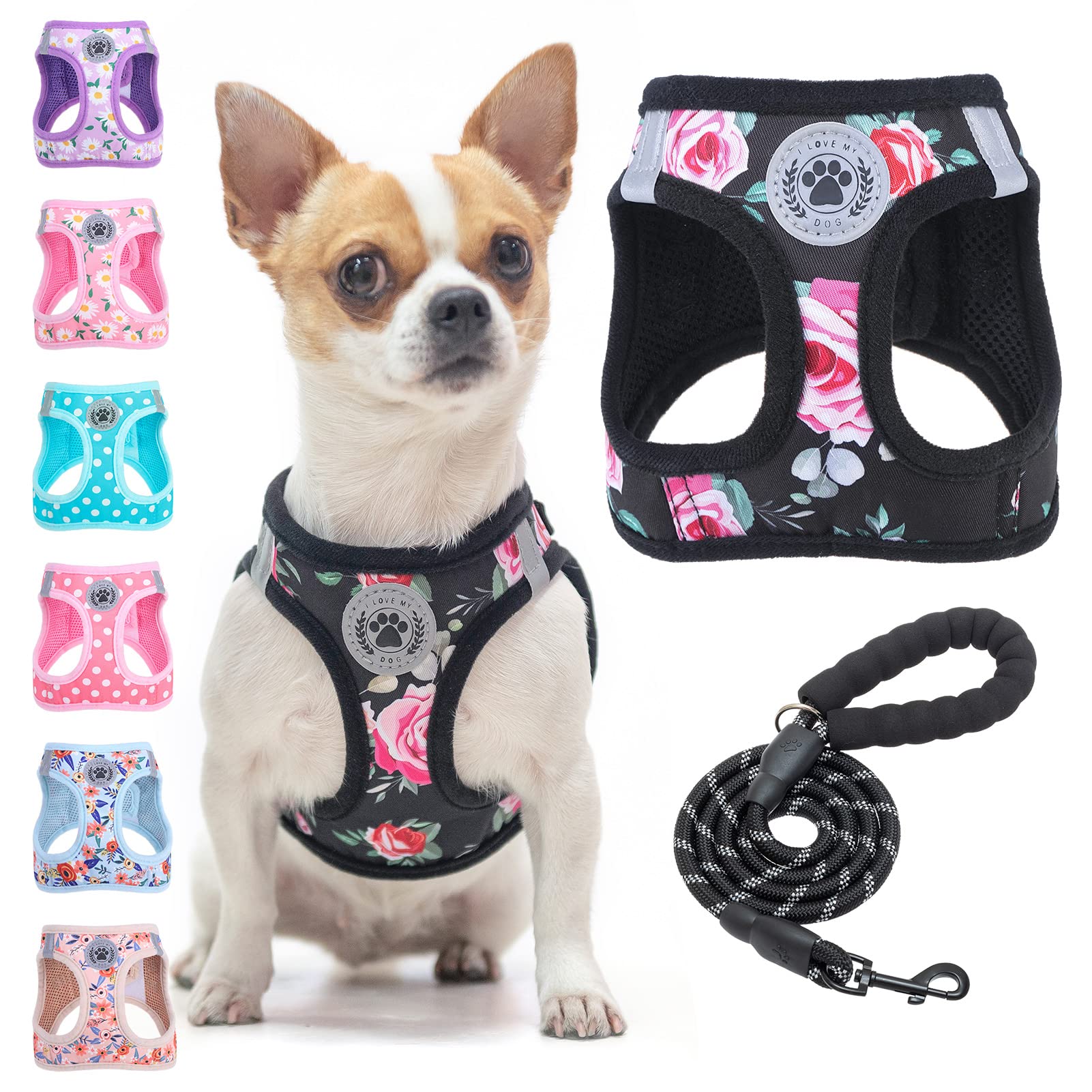 Beautyzoo Step In Dog Leash Set, Floral Pattern Reflective Harness No Pull No Choke Puppy Harness For Xxs Xs S Pets, Soft Padded