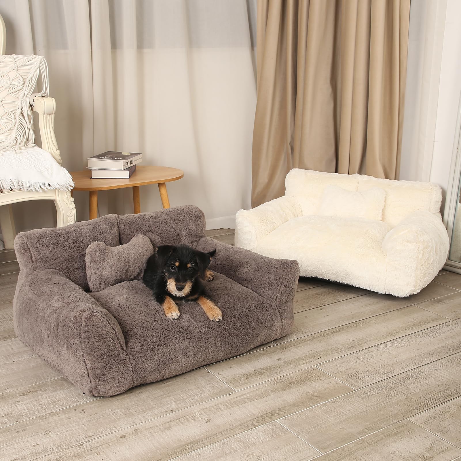 Bestroyal Fluffy Cat Couch For Indoor Cats, Small Dog Bed With Bone Shaped Pillow, Anti-Anxiety Pet Bed With Washable Cover, Bro