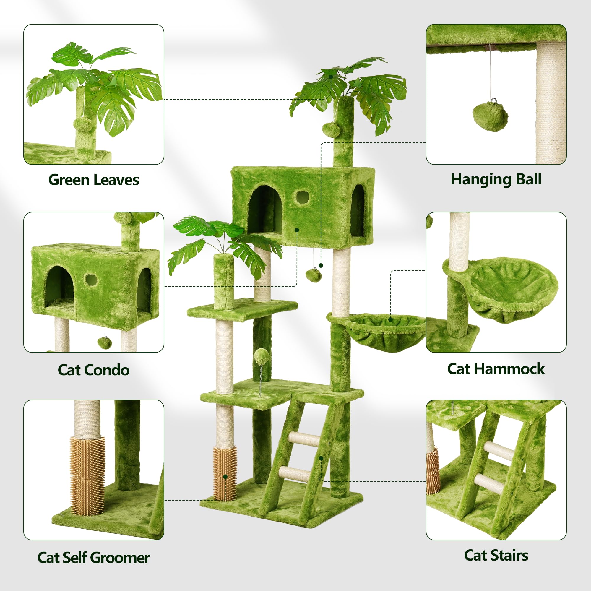 Meecal Large Cat Tree With Leaves For Indoor Cats Large Adult,65'' Green Cat Tower With Scratching Post,Hanging Hammock,Cozy Per