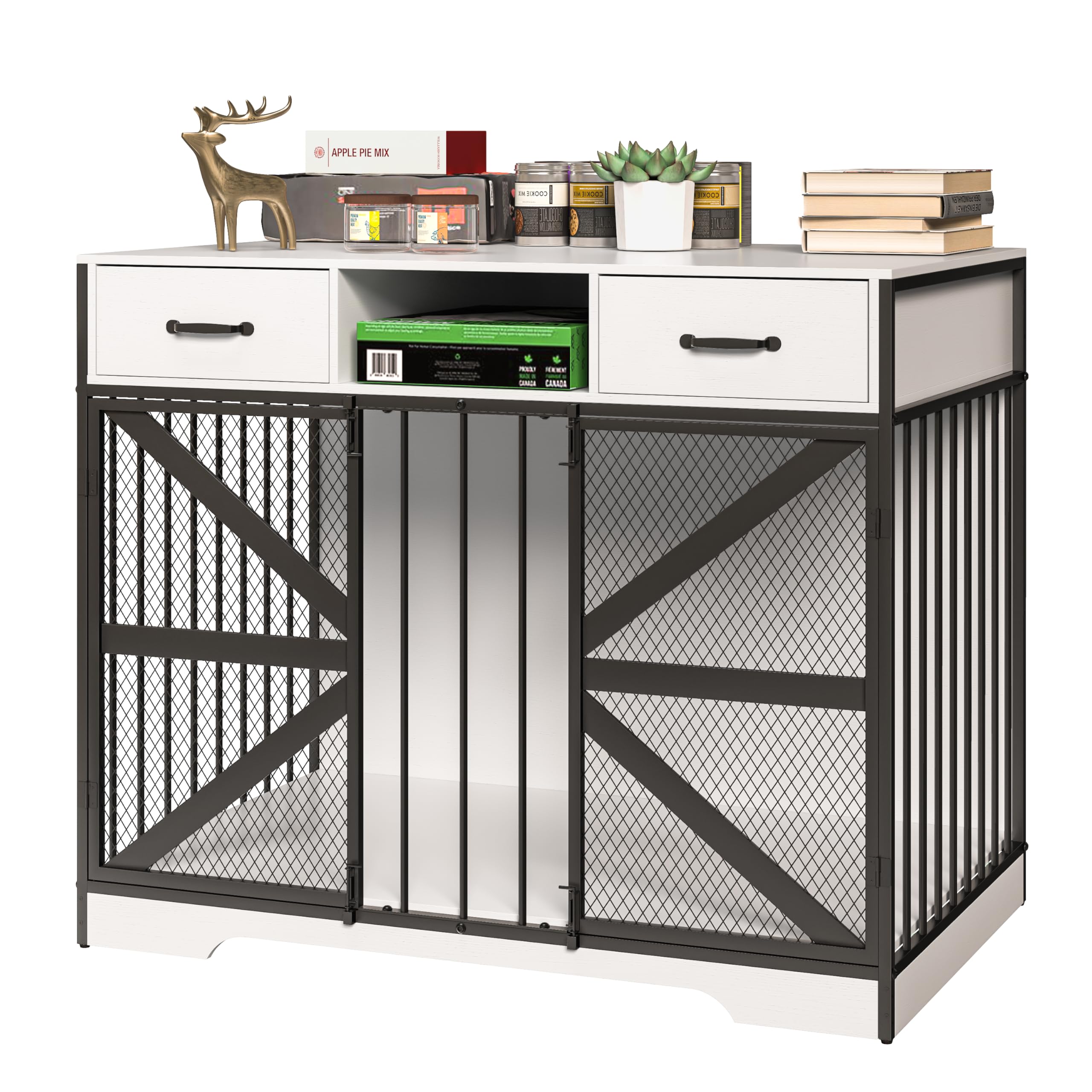 Fatmok Dog Crate Furniture, 44 Large Dog Kennel Furniture Indoor, Metal XL Dog Cage for Large/Medium Dogs, Wooden Heavy Duty Dec