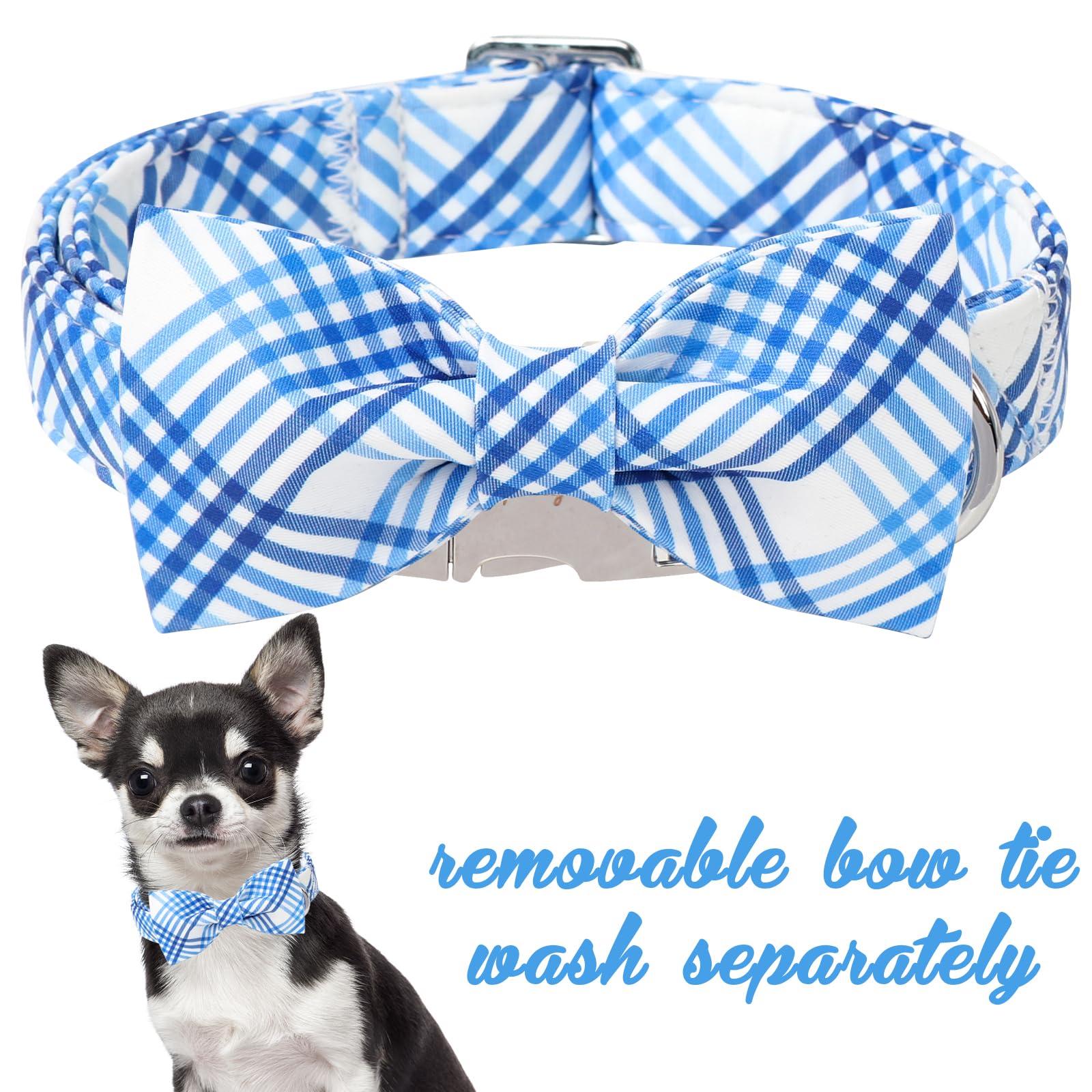 Unique Style Paws Cotton Dog Collar With Bow Spring Summer Collar With Blue White Grid For Small Medium Large Boys Girls Dogs