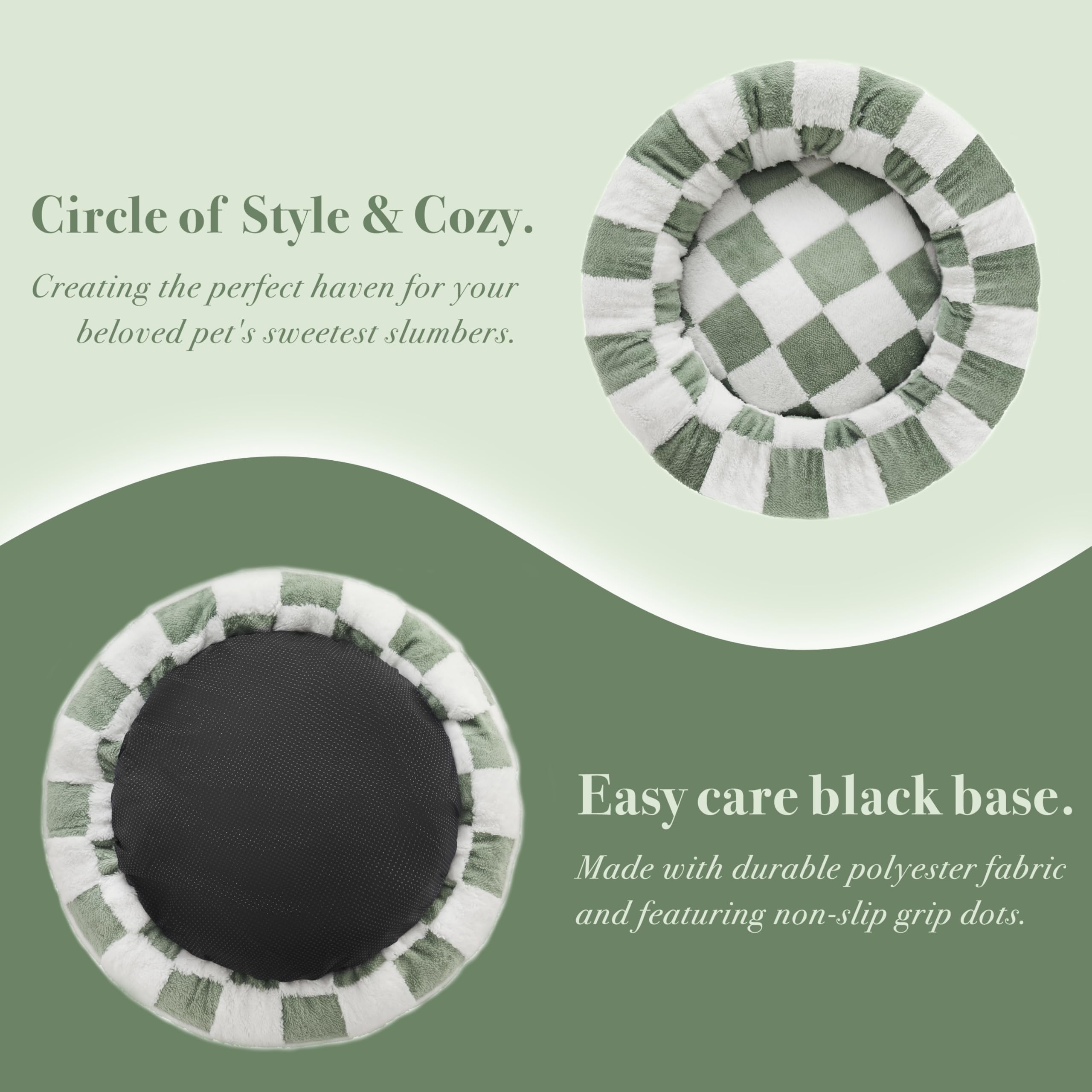 Ohocut Checkered Cat Dog Bed, Cute Sage Green Retro Style Aesthetic Round Warming Pet Calming Beds For Small Dog And Cats, Plush
