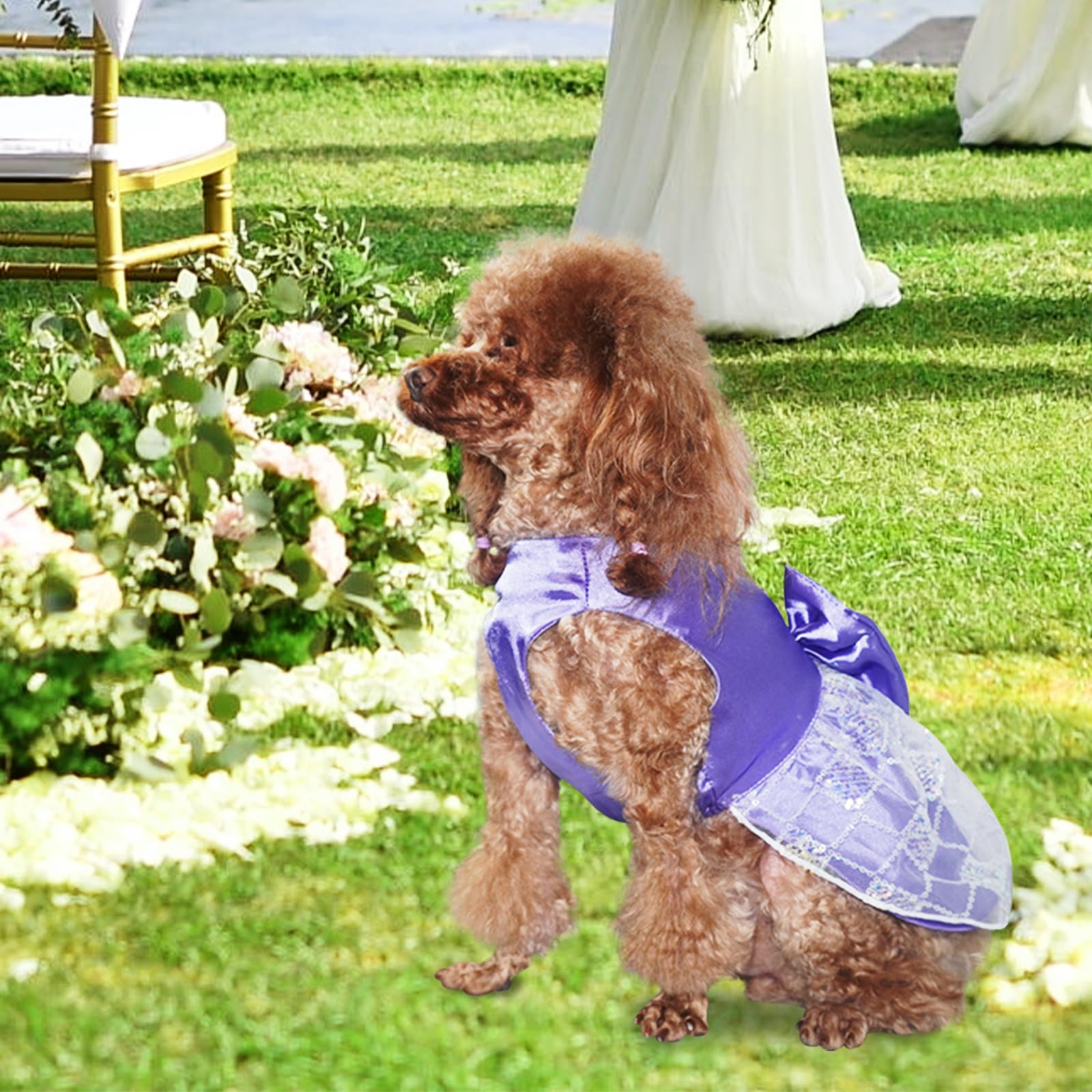 Topkins Dog Dress, Pet Birthay Clothes With Purple Heart Pearl Necklace, Dog Silk Outfit With Sequin, Puppy Princess Dress, Purp