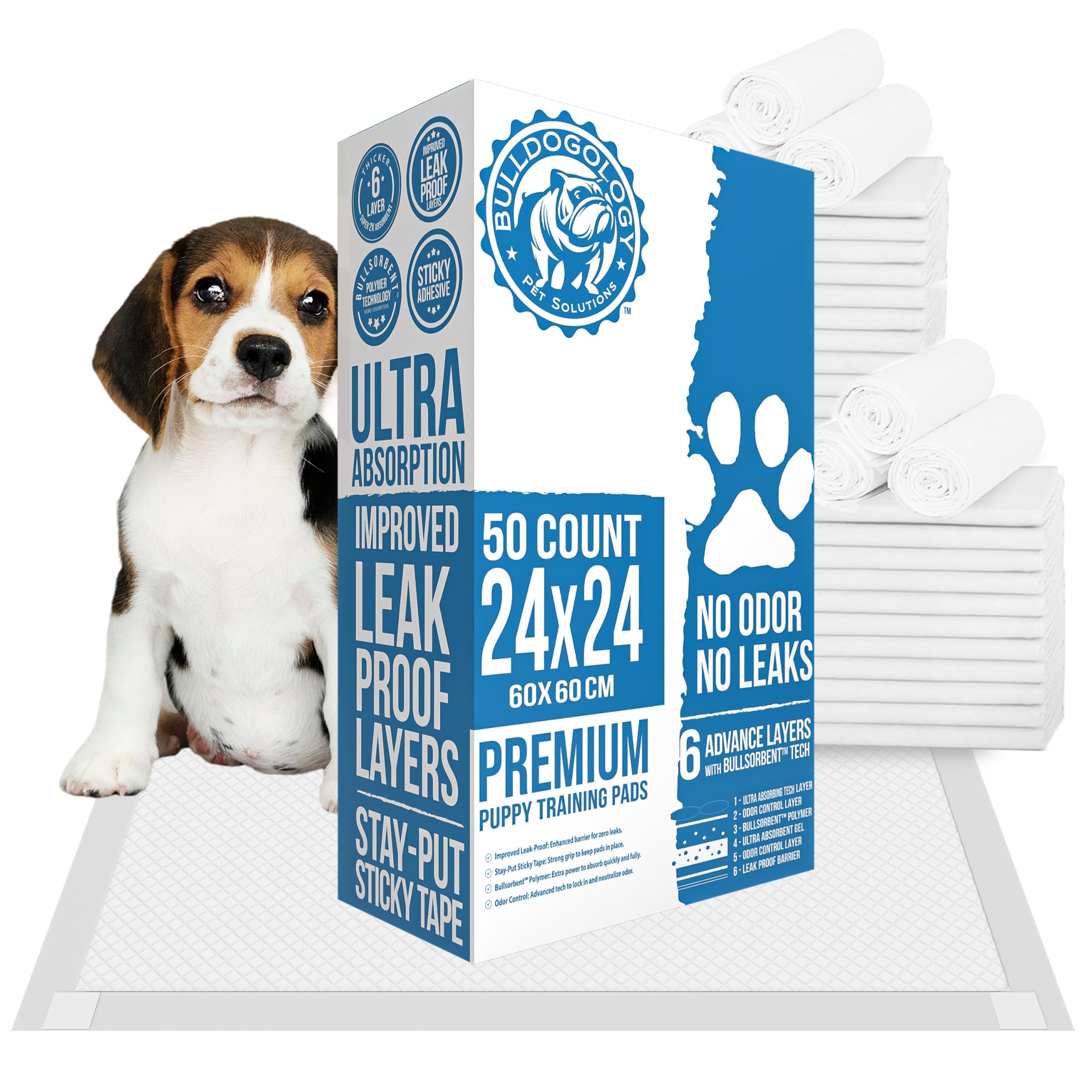 Bulldogology 50-Count Dog Puppy Pads (24x24) Large Pee Pads for Dogs - 6 Layer Pet Training Pads, Super Absorbent Puppy Pads wit
