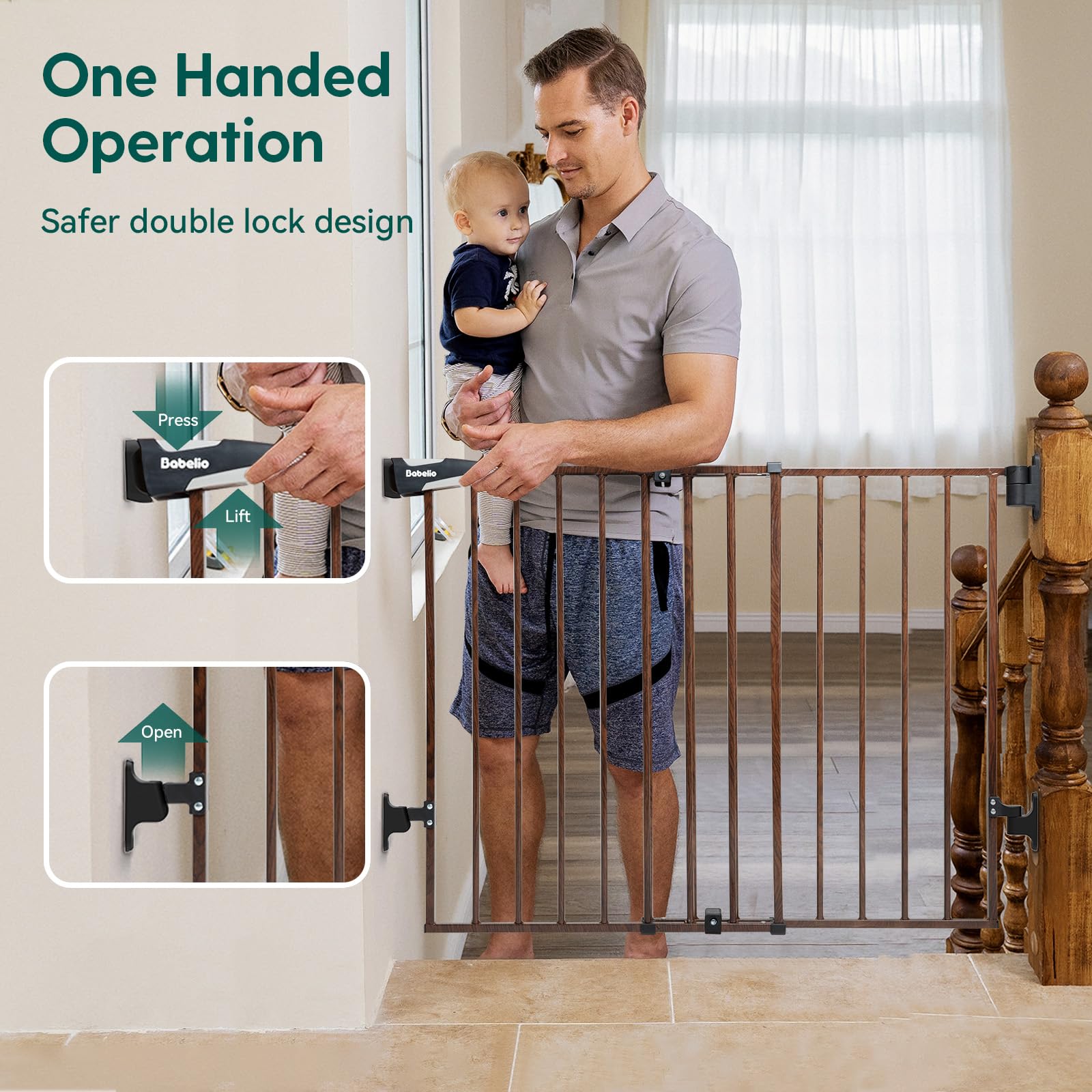Babelio 26-43 No Bottom Bar Baby Gate for Babies, Elders and Pets, 2-in-1 Hardware Mount Dog Gate for The House, Stairs and Door