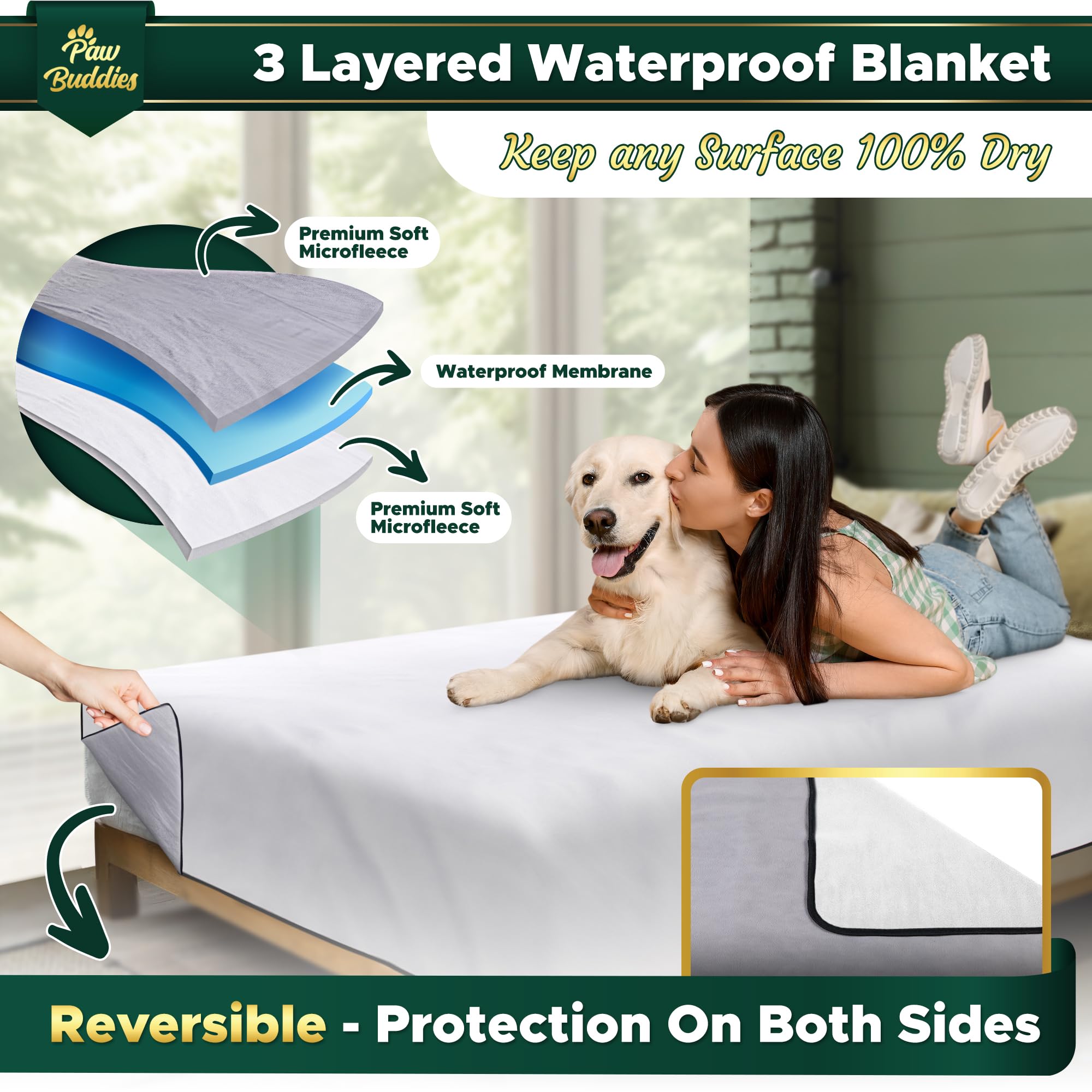 Premium Waterproof Blanket, King Size Blanket For Couples & Pets/Dogs, Soft Noiseless Mattress Furniture Protector, Reversible +