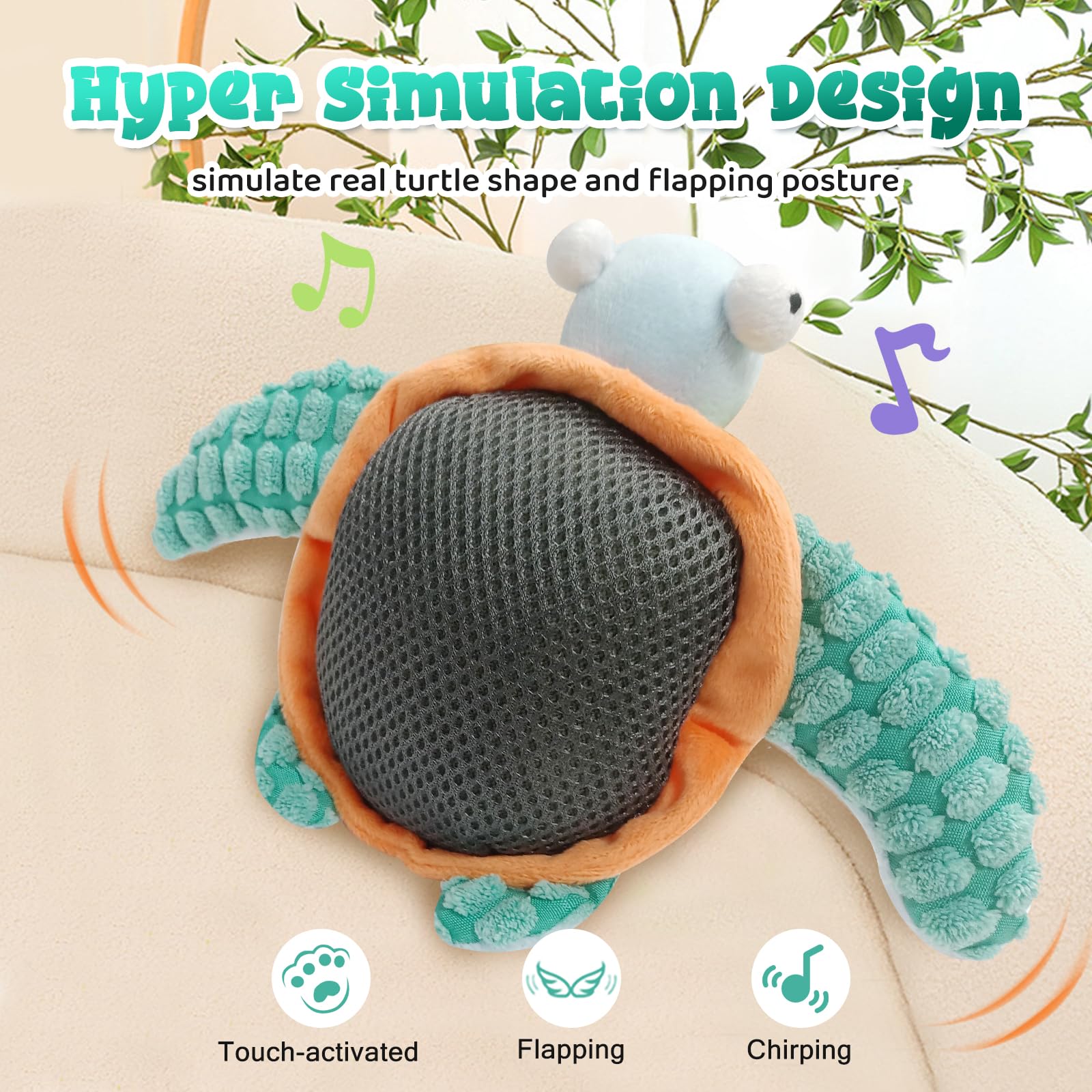 Buntyjoy Cat Toys, Flapping Fins Cute Turtle, No Flying, Chirping Bird Interactive Catnip Toy For Kitten Or Small Dogs, Touch Ac