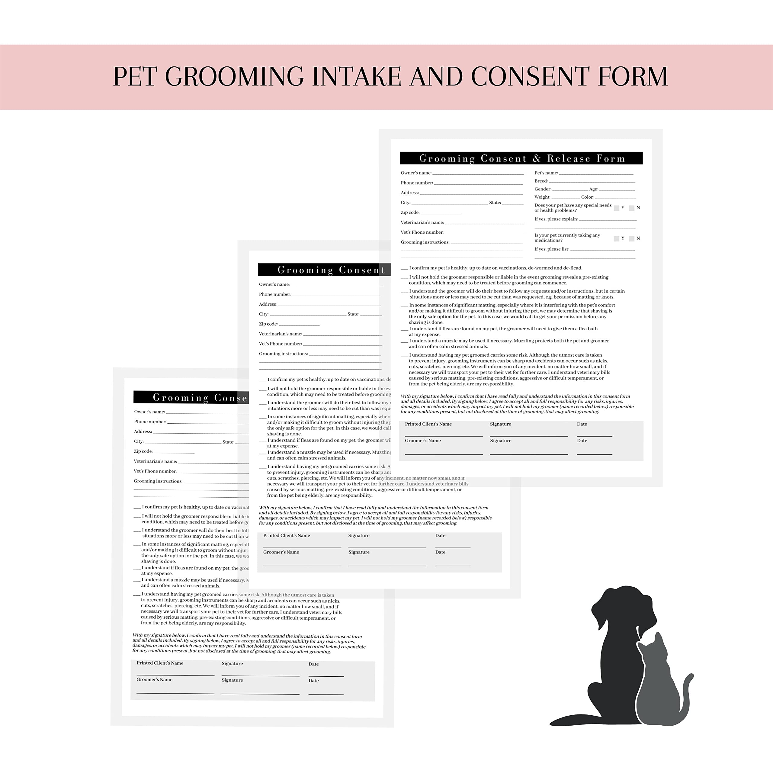 Boutique Marketing Pet Grooming Intake, Consent & Release Form | 50 Pack 8.5X11Incheses Standard Paper Size Supplies Matches Groomer Loyalty Appointment Reminder White Black Design