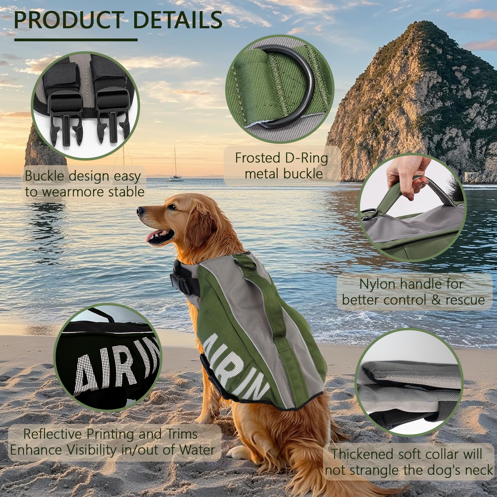 Becemuru Dog Life Jacket With High Flotation Airbag, Reflective Dog Life Vest Harness For Swimming Boating,Adjustable Puppy Swim