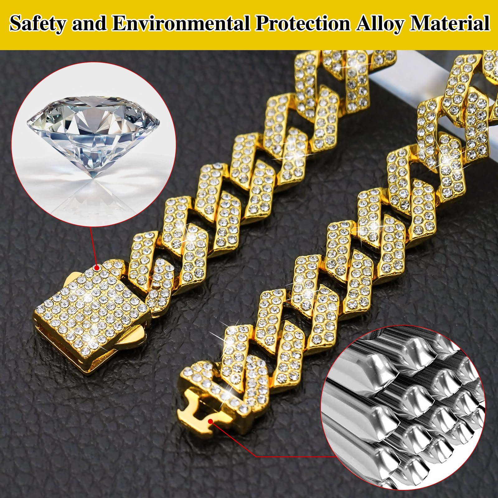 Gold Dog Chain Collar Diamond Link 15Mm Wide Dog Necklace Metal Cat Chains Pet Crystal Collars Jewelry Accessories For Small Med