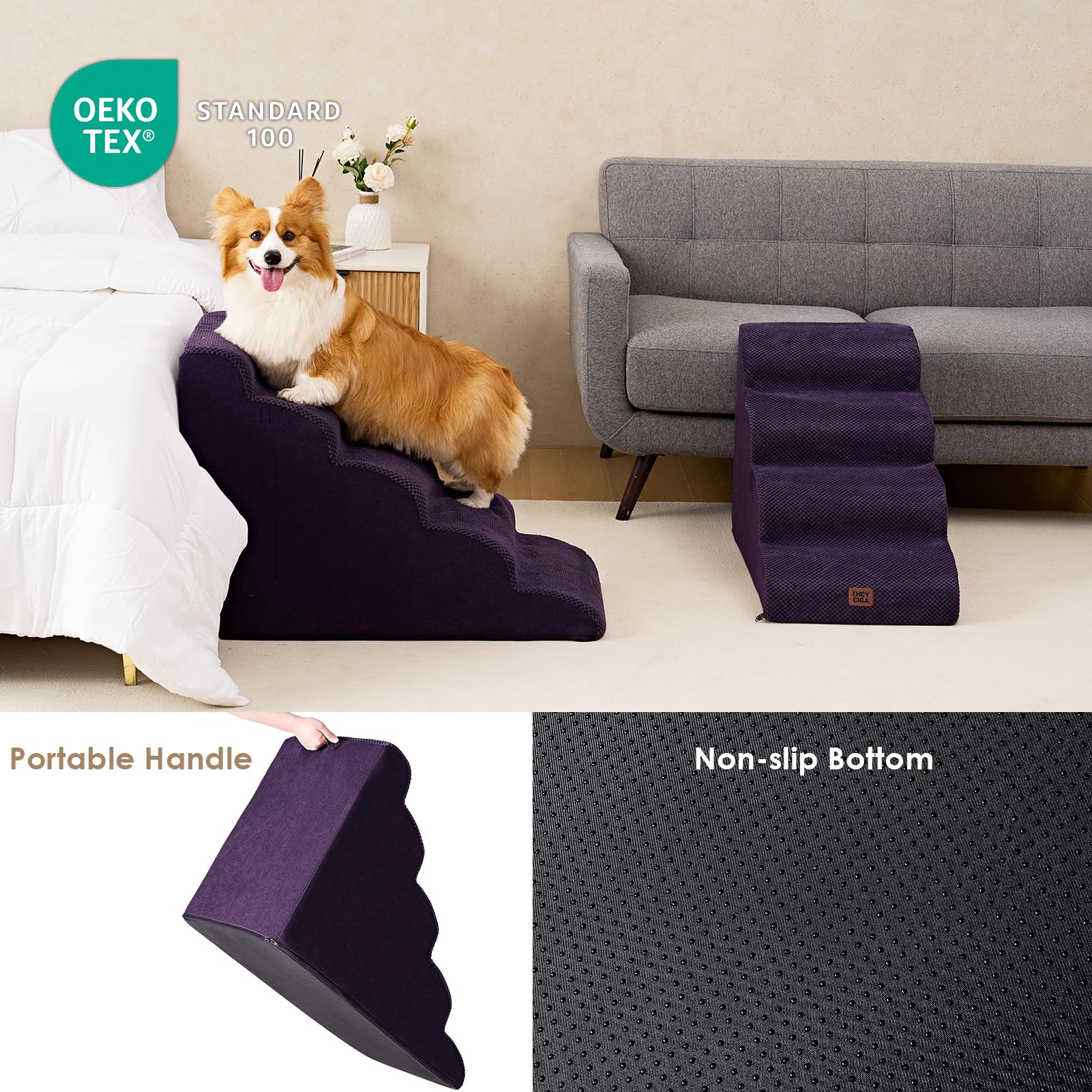 Eheyciga Curved Dog Stairs Ramp For High Beds 22.6' H, 5-Step Dog Steps For Small Dogs And Cats, Pet Stairs For High Bed Climbi