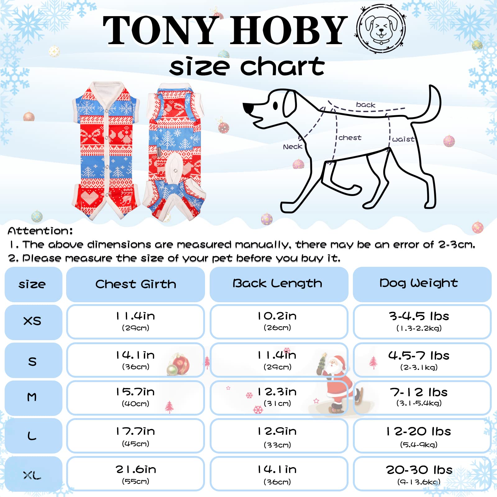 Tony Hoby Dog Pajamas, Dog Jumpsuit With Snoeflake Pattern, Warm Dog Shirts For Small Medium Dog (Red&White, Boy, S)