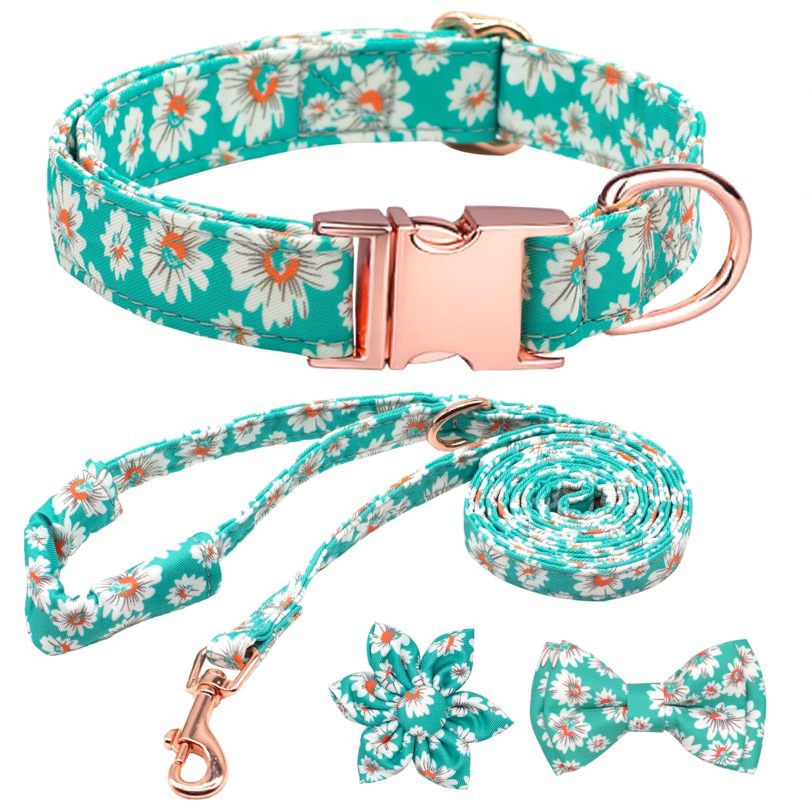 HSIGIO Dog Collar and Leash Set Girls Adjustable Puppy Collars with Floral Bow Tie for Small Medium Large Female Dogs, Light Gre