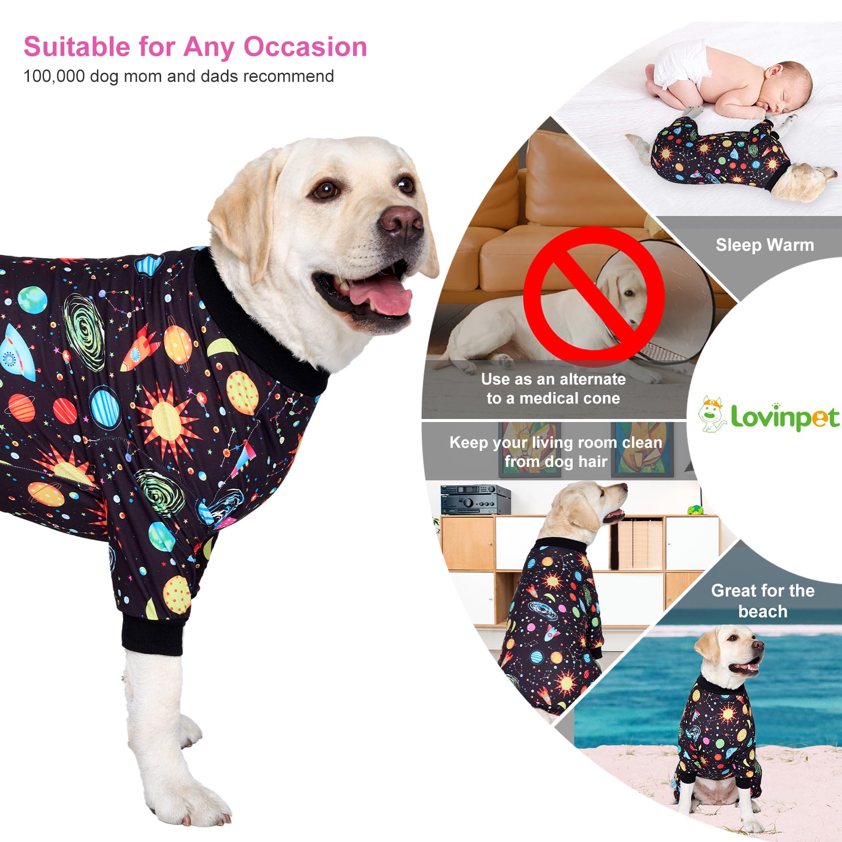 Lovinpet Big Dogs Onesies: Big Dog Pajamas, Post Surgery/Wound Care, Lightweight Stretchy Fabric, Interstellar Black Print, Dog Jumpsuit, Anti Licking, Pet Pj'S/Large