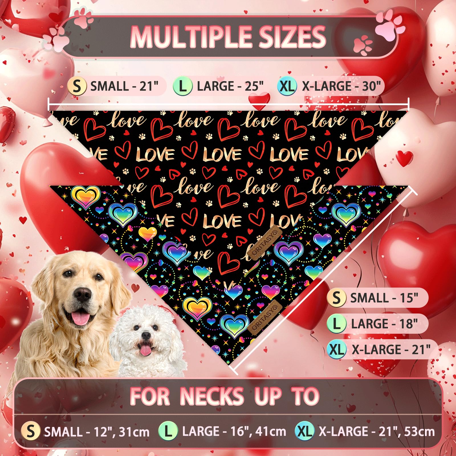Oritasy Valentines Day Dog Bandanas, 2-Pack Triangle Reversible Love Pet Scarves, Premium Fabric Bandana (Large, Style 2)