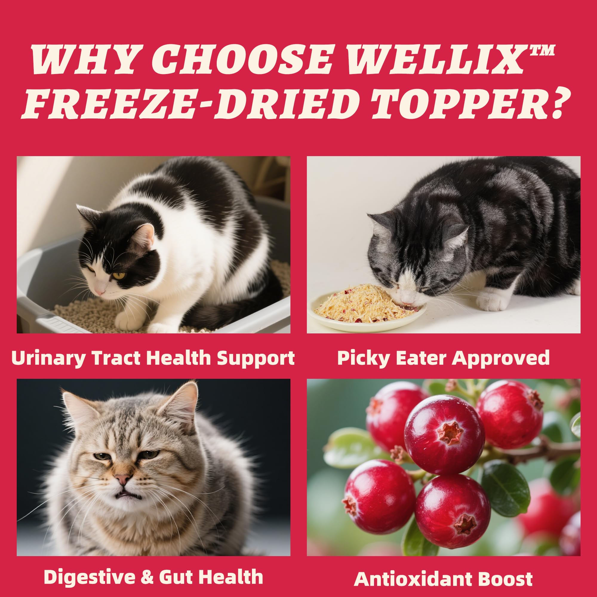 Wellix Dog & Cat Food Topper - Cranberry Treats Freeze Dried Egg Yolk & Chicken Flavor Low Calorie - Support Kidney Bladder & Ur