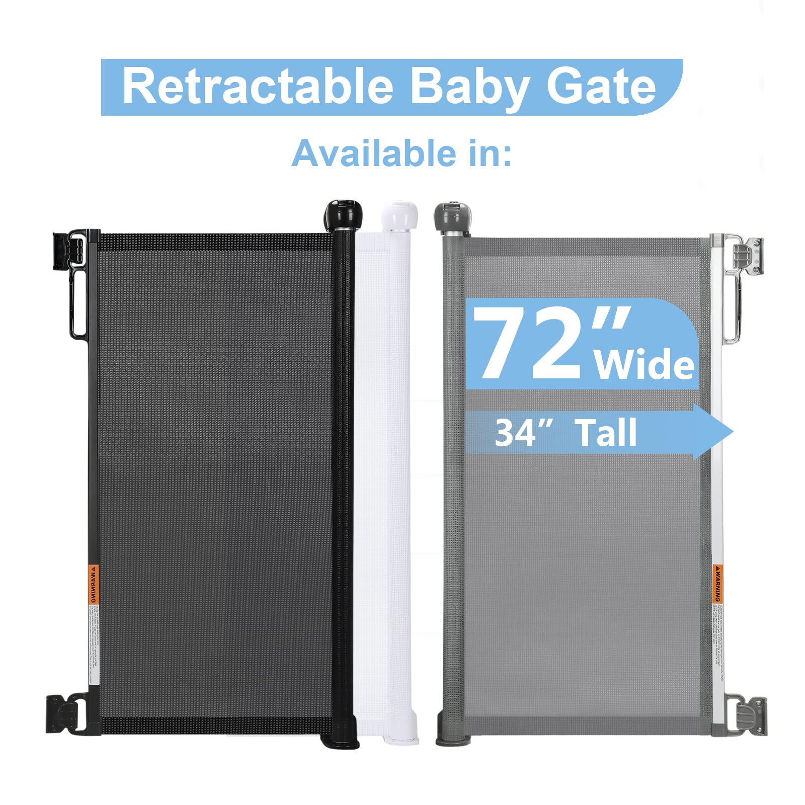 PRObebi Retractable Baby Gate - 34" Tall, Extends 72" Wide, B-White, Indoor/Outdoor Safety Gate for Stairs, Doorways, Decks, Banisters