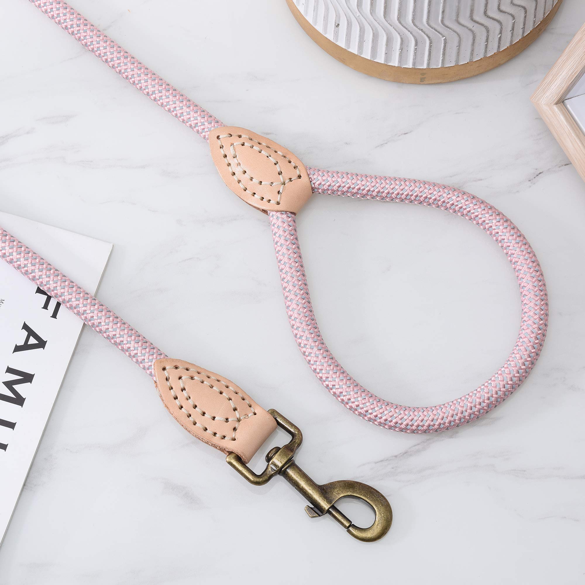 Mile High Life | Chew Proof Dog Leash | Dog Rope Leash | Reflective Dog Leashes | Climbing Rope Dog 4Ft Leash W Leather Tip(Pink, 60 Inch)