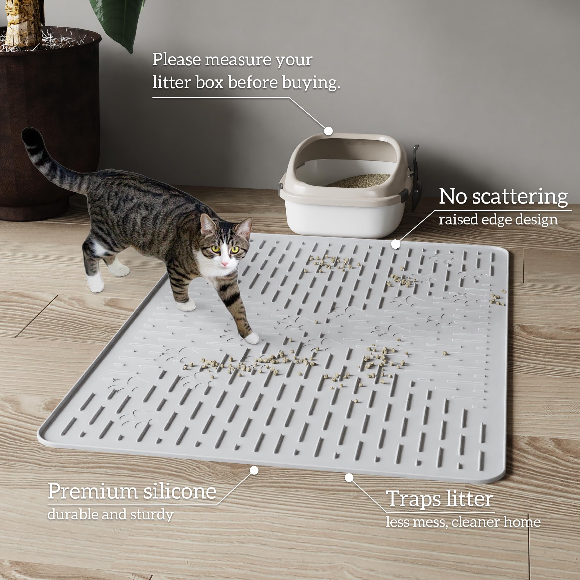 OHMO Cat Litter Mat XXL Trapping Mat Premium Silicone Rubber 37.5x25.2 Ash, Waterproof and BPA Free Kitty Litter Box Mat, Easy t